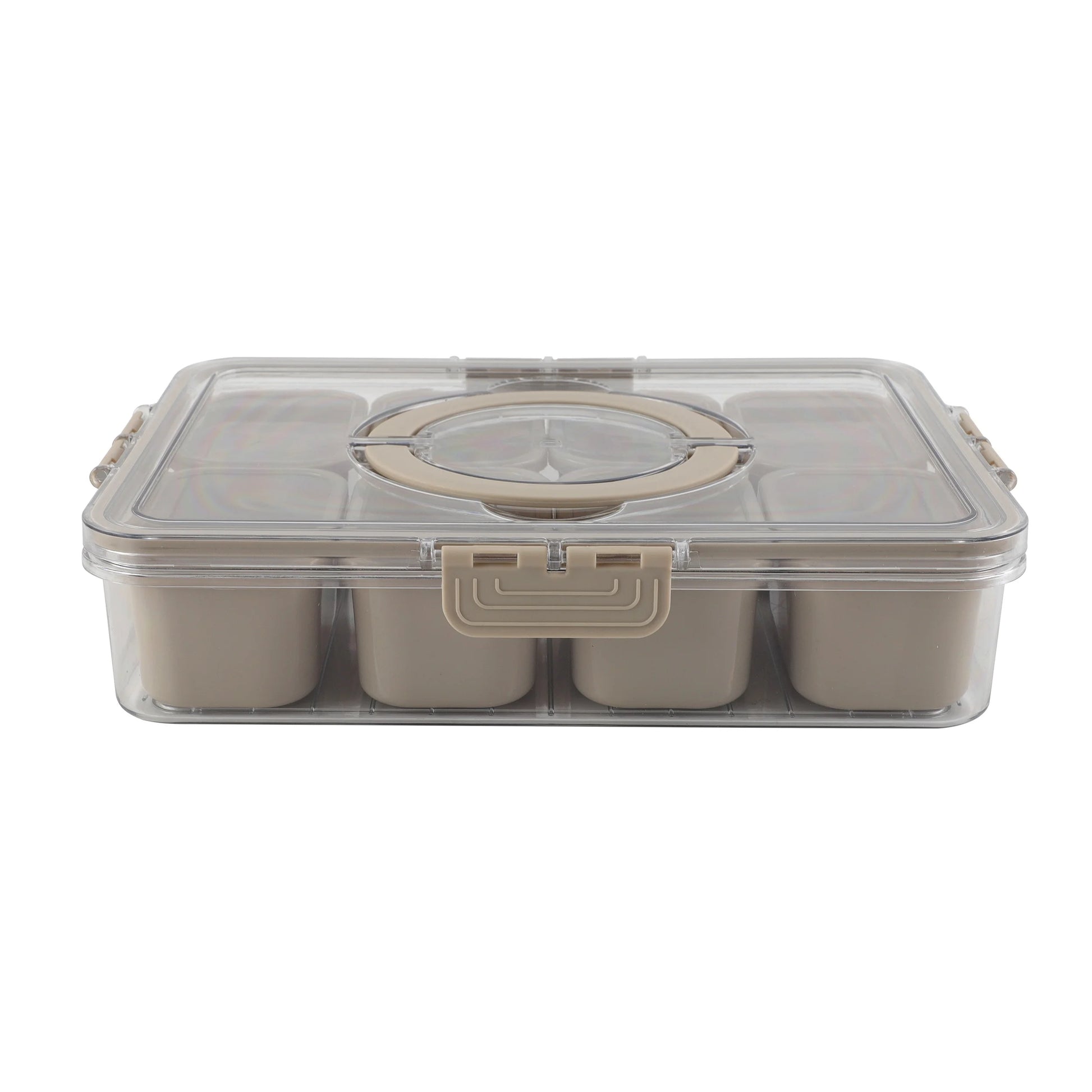 Taupe 8 Compartment Snackle Box, Charcuterie Container, Divided Serving Tray with Lid and Handle.