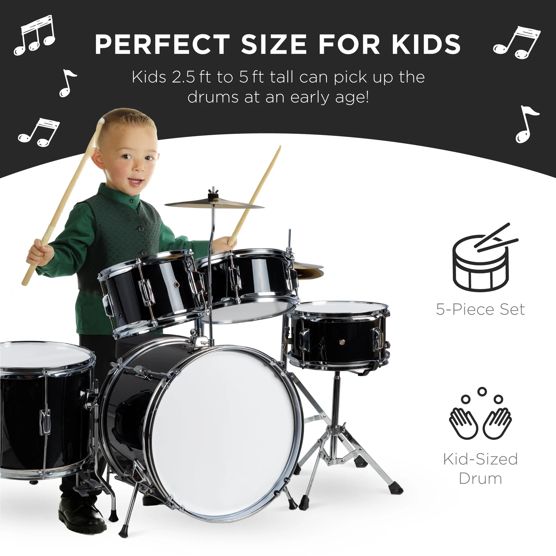 5-Piece Kids Beginner Junior Drum Set, Percussion Instrument Starter Kit W/ Stool - Black