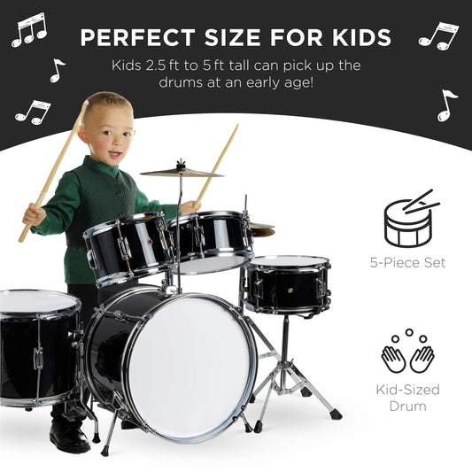 5-Piece Kids Beginner Junior Drum Set, Percussion Instrument Starter Kit W/ Stool - Black