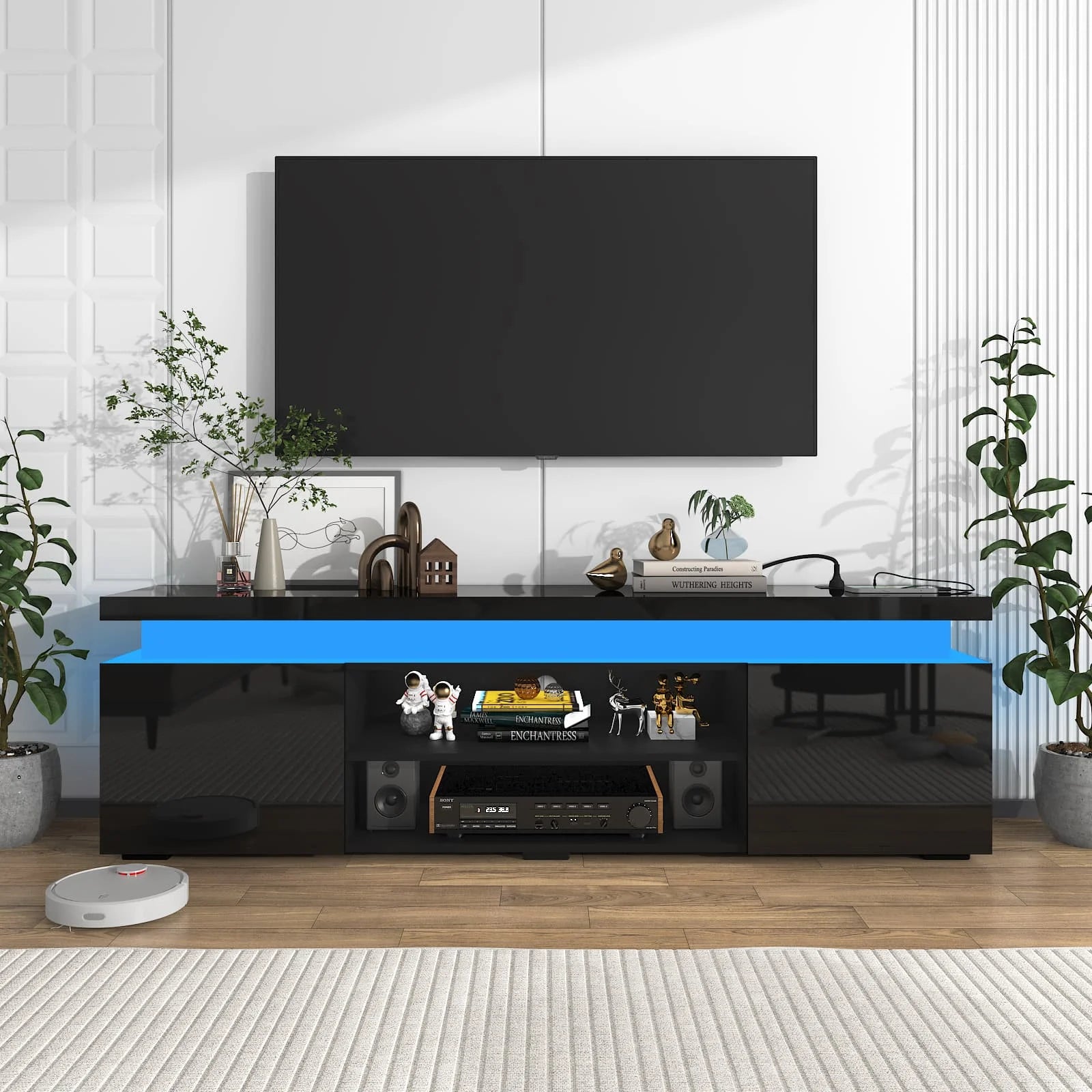 LED TV Stand for up to 85" Tvs with Power Outlet, 75" Large Entertainment Center Console Table Gaming Soundbar Shelf with 2 Storage Cabinets