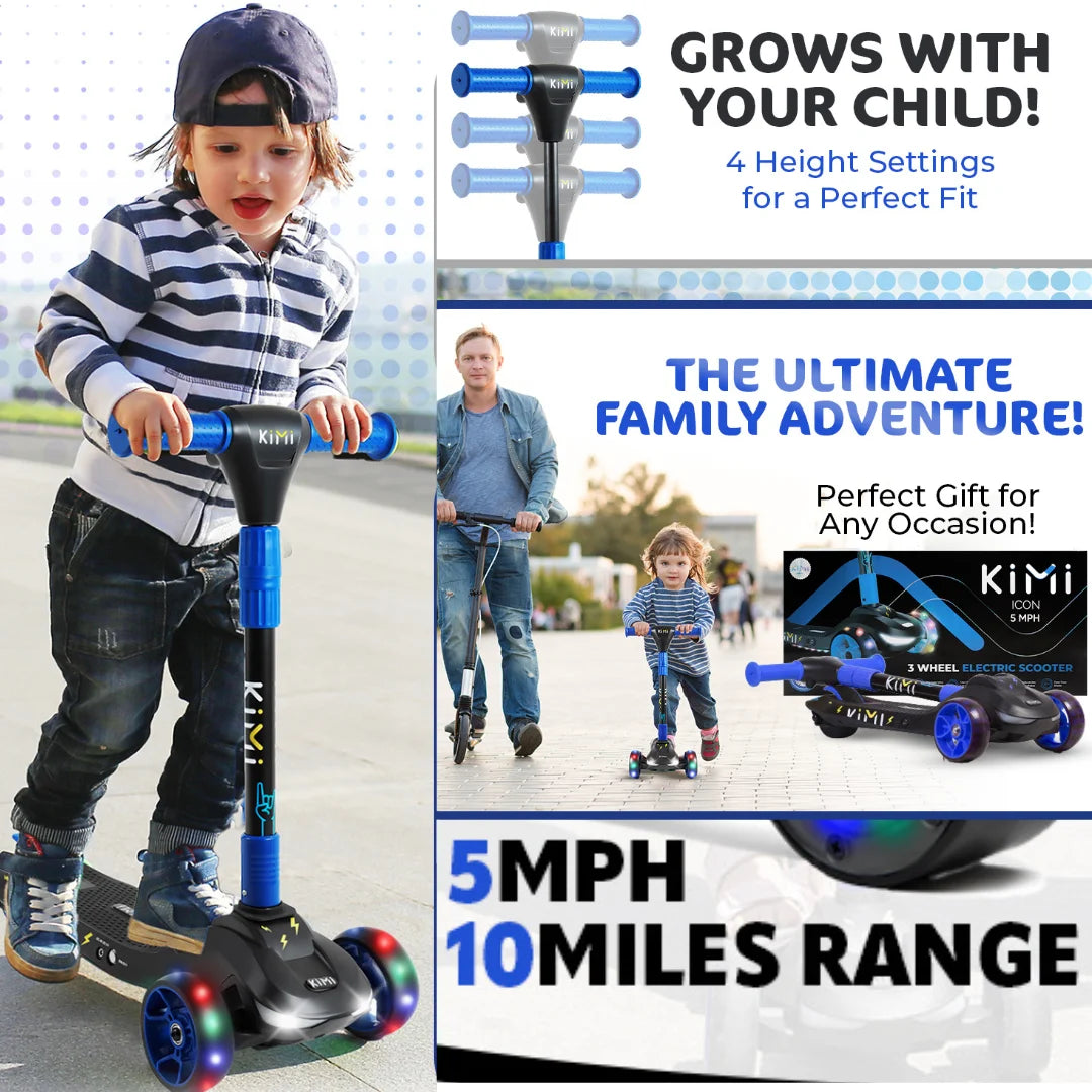 Foldable 3-Wheel Electric Scooter for Kids, Adjustable, Age 2-9, 5Mph, Lights, 10 Miles Range, Charger Included