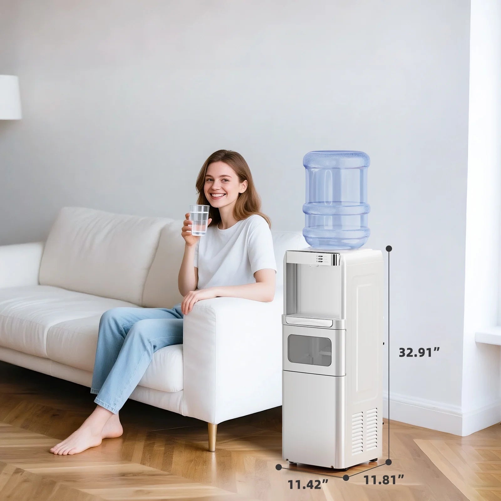 5 Gallon Water Dispenser with Ice Maker - 3-In-1 Hot/Cold Water Cooler, Touch Panel, Child Lock, Detachable Drip Tray, Compatible with 3 Gallon Jugs for Home & Office Use - White