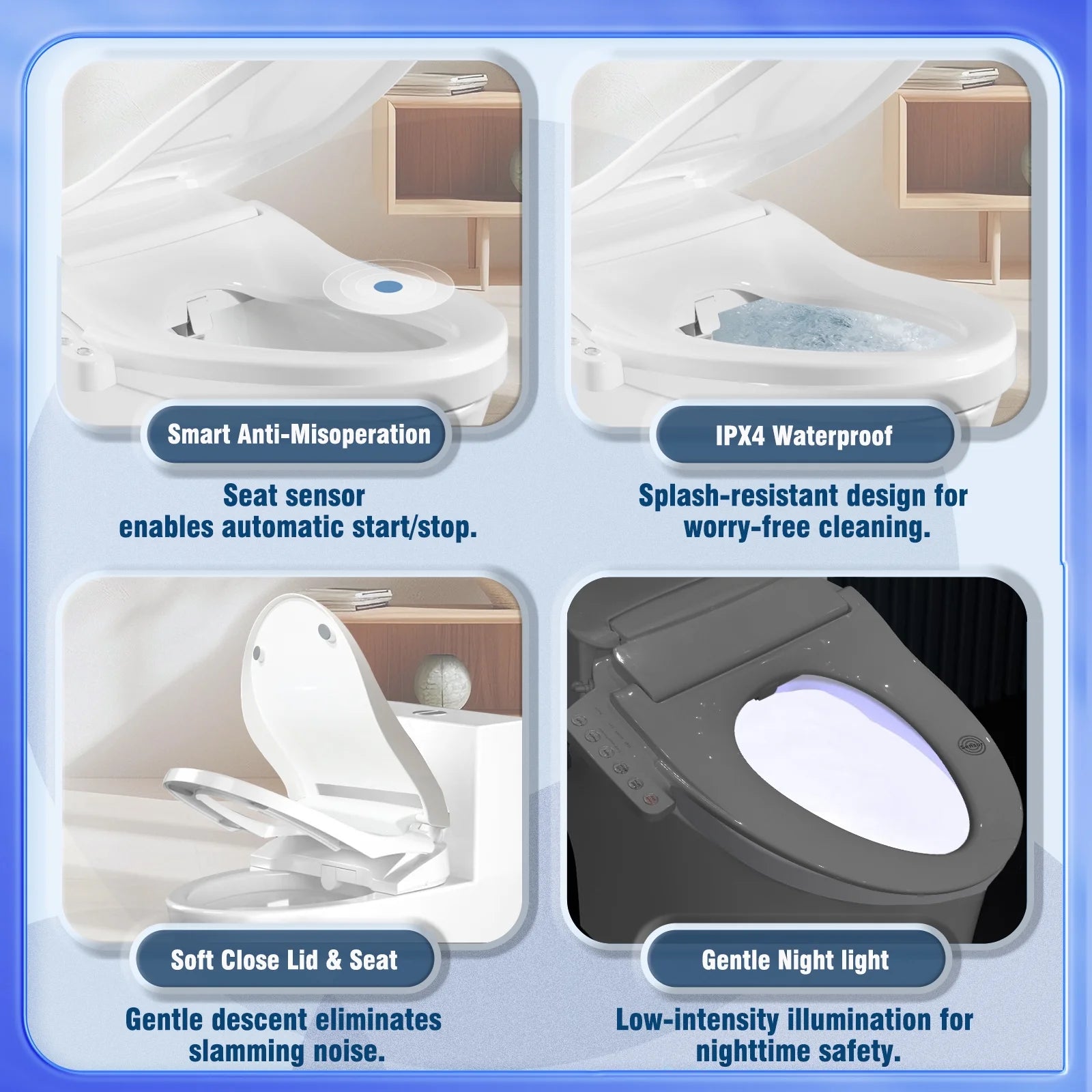 Ecofilck Electric Smart Toilet Seat, Instant Heating & Warm Air Dryer, Adjustable Water Temp ＆ Pressure, Nozzle Self-Clean, Feminine Wash, Slow-Close Lid, Night Light, Enlogated