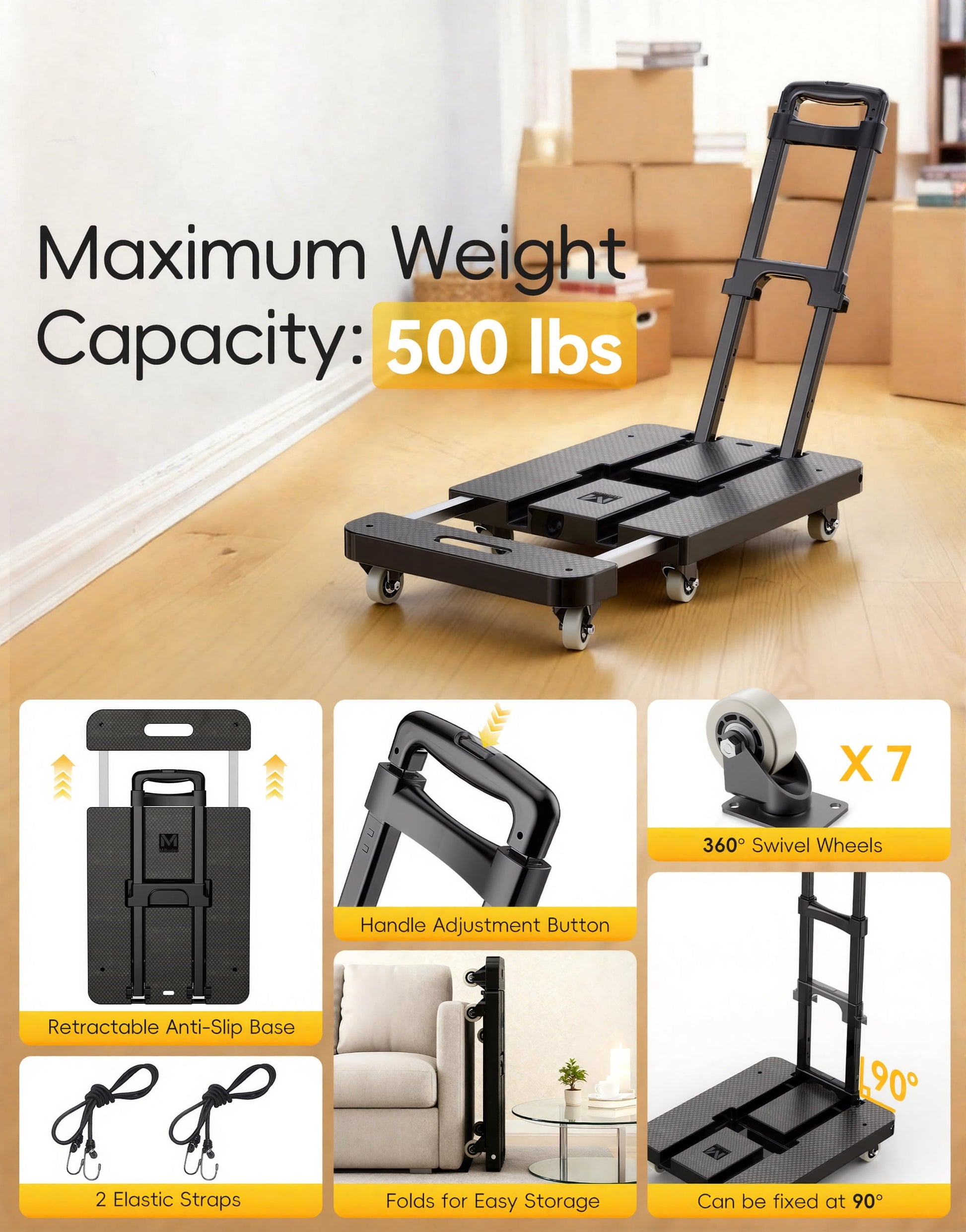 Folding Hand Truck, 500 LBS Heavy Duty Dolly Cart, Utility Platform Cart with 6 Wheels for Travel, House, Office, Shopping, Moving Use - Black Folded Size Is 11.8 X 17.7”