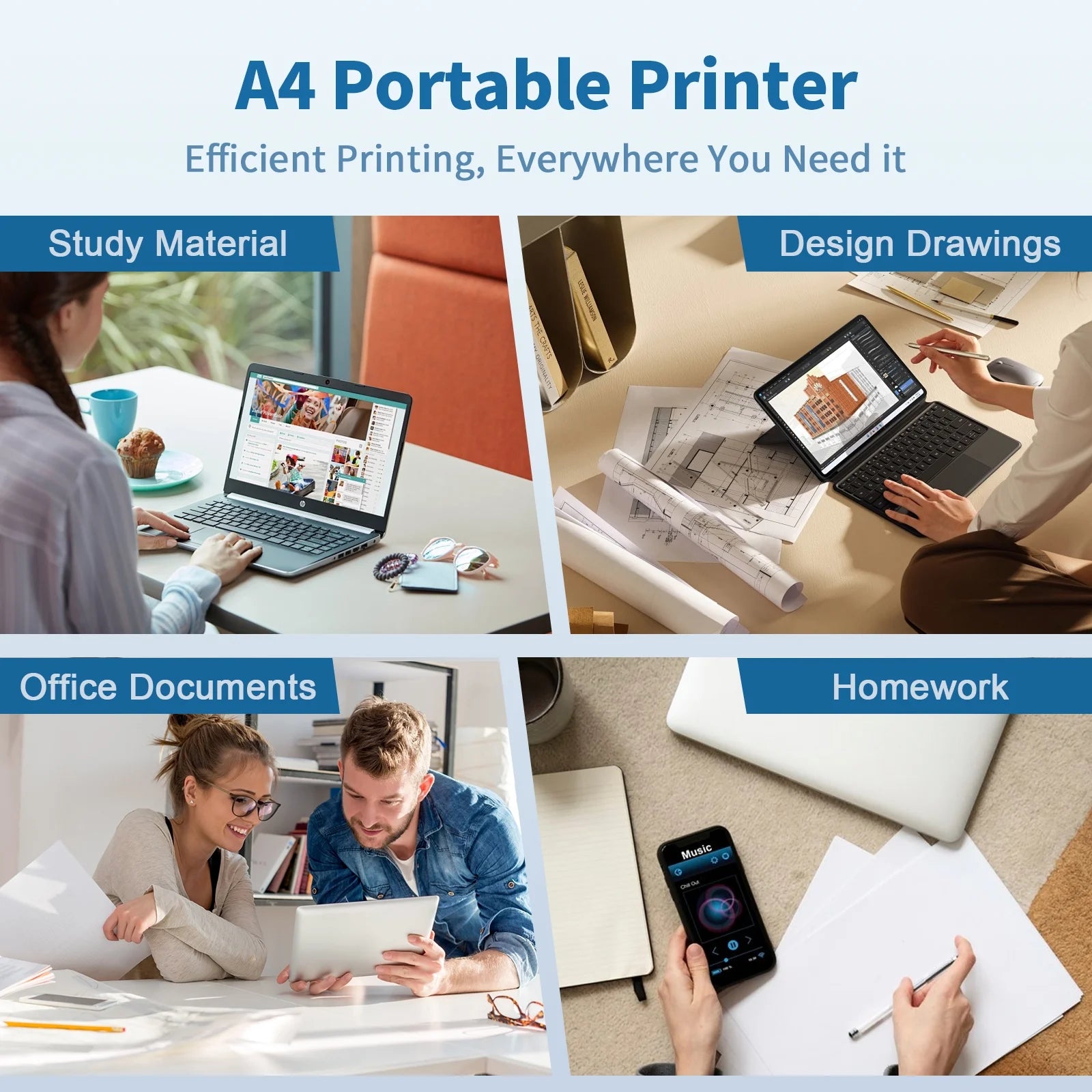 Thermal Printer, Wireless Printer Support US Letter & A4 for Travel, Inkless Portable Compatible with Ios Android Laptop for Home Car Office
