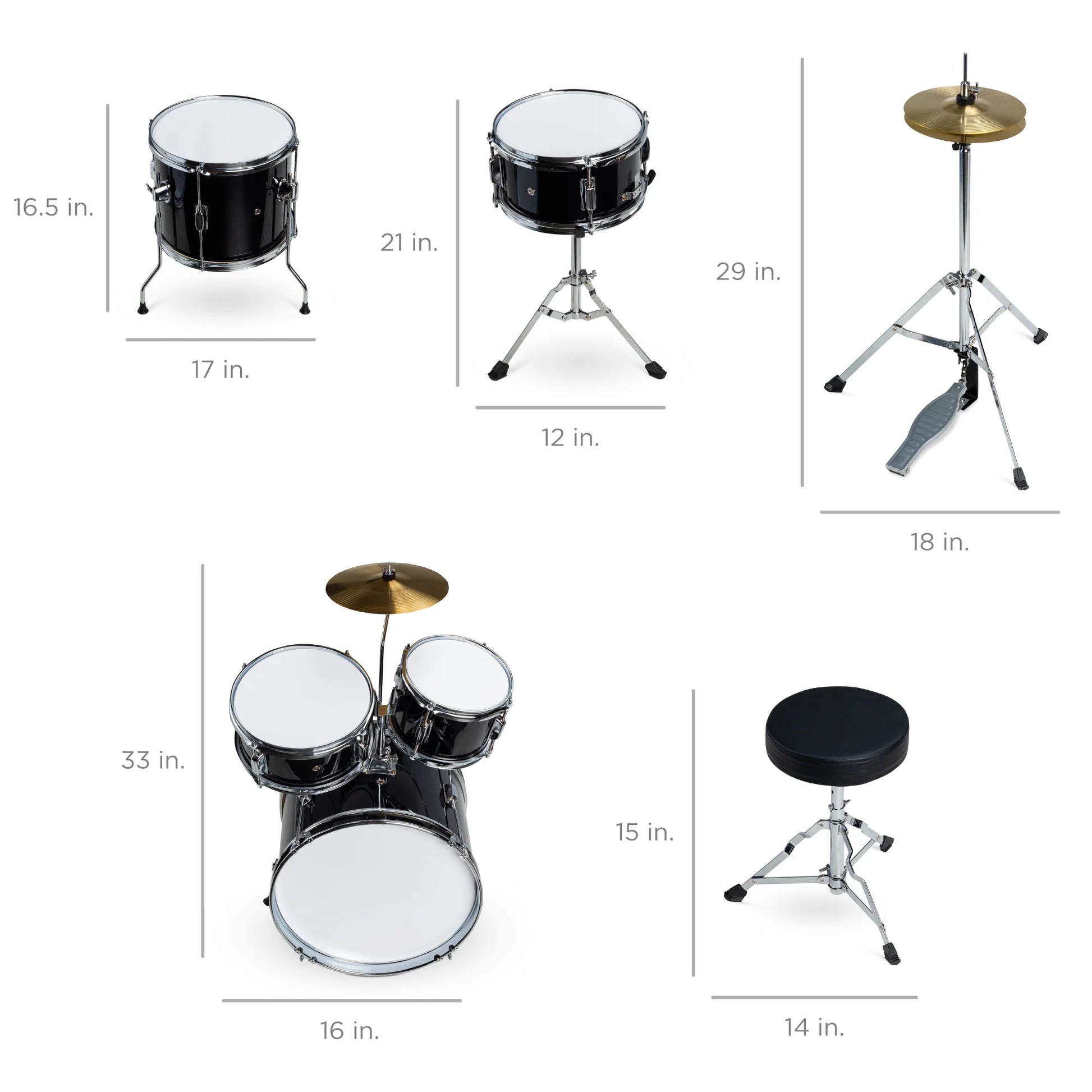 5-Piece Kids Beginner Junior Drum Set, Percussion Instrument Starter Kit W/ Stool - Black