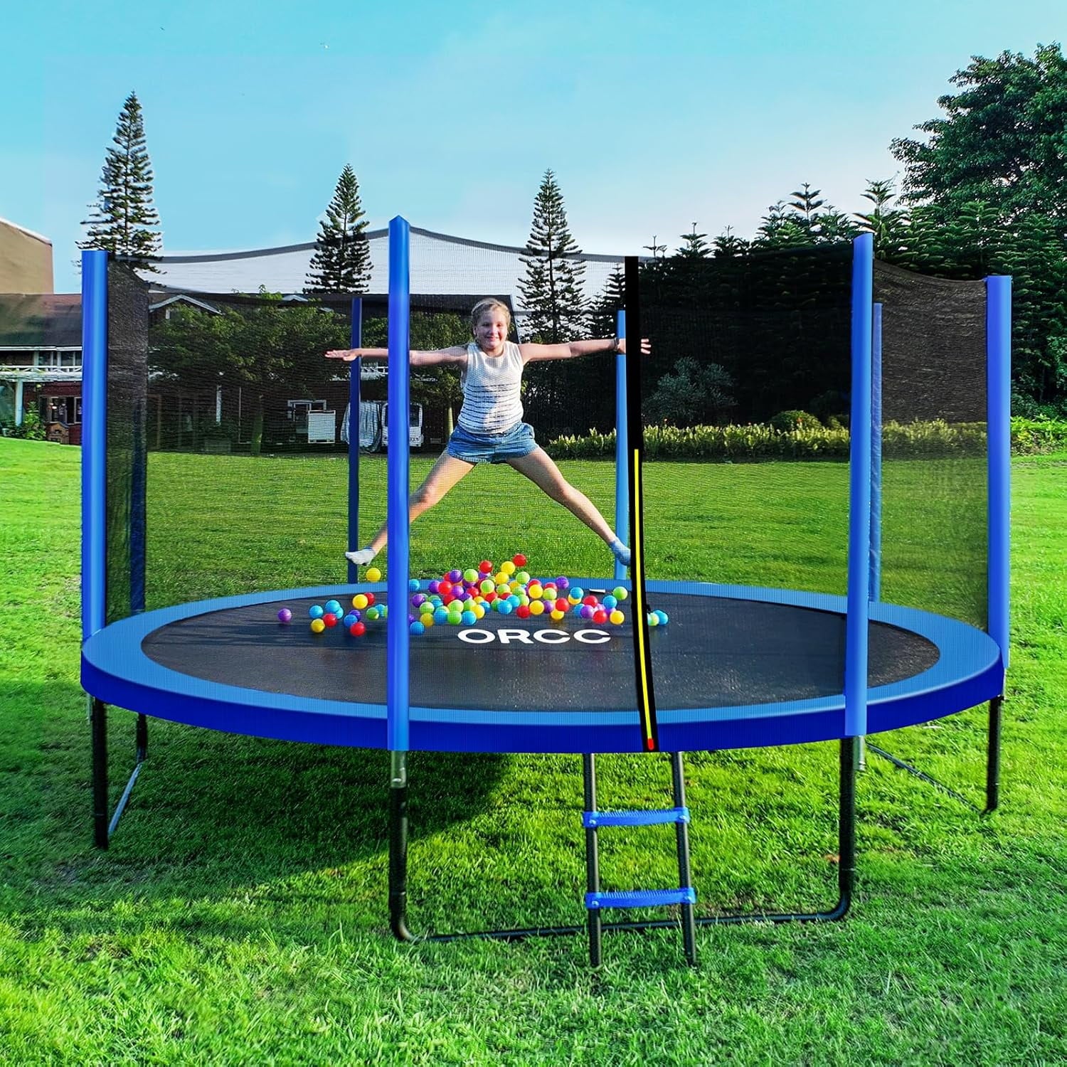 14FT 12FT 10FT 8FT Trampoline for Kids and Adults, 450 LBS Weight Capacity, with Safety Enclosure Net, Ladder, Heavy-Duty Galvanized Steel Frame, Outdoor Backyard Jumping Toy