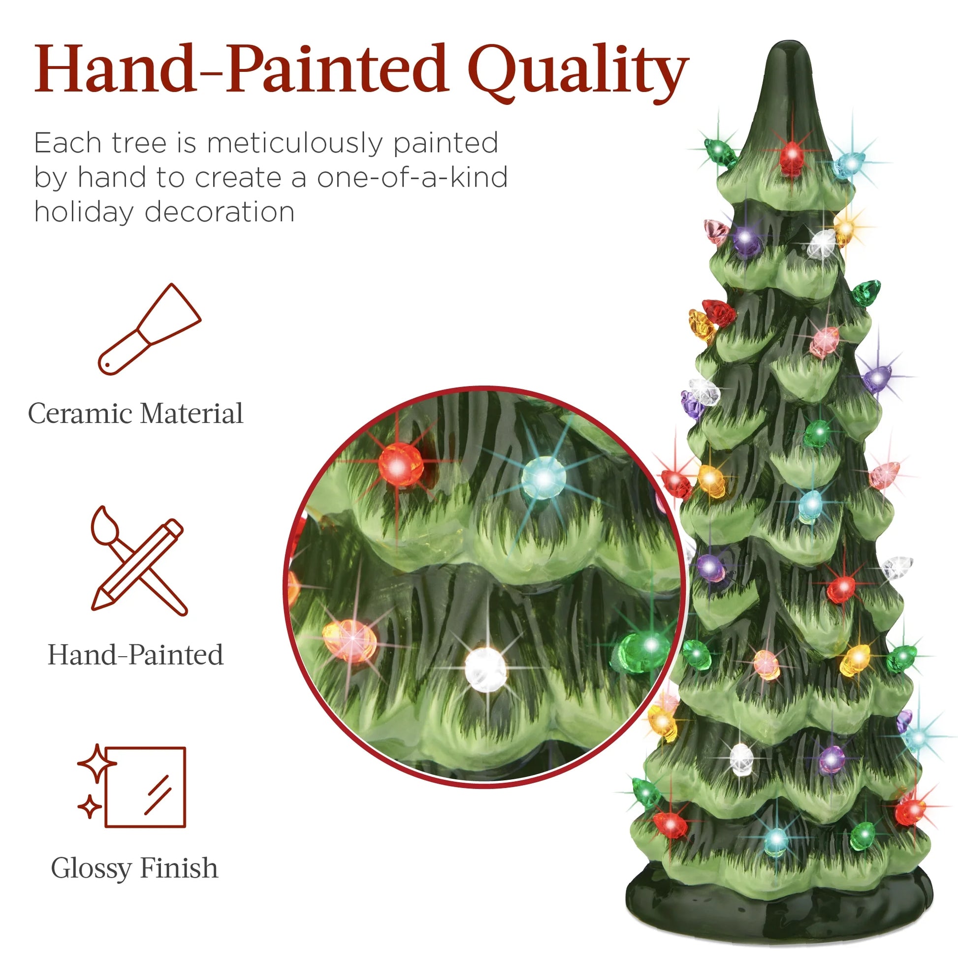 Set of 3 Pre-Lit Hand-Painted Ceramic Tabletop Christmas Trees W/ Multicolor Lights - Green