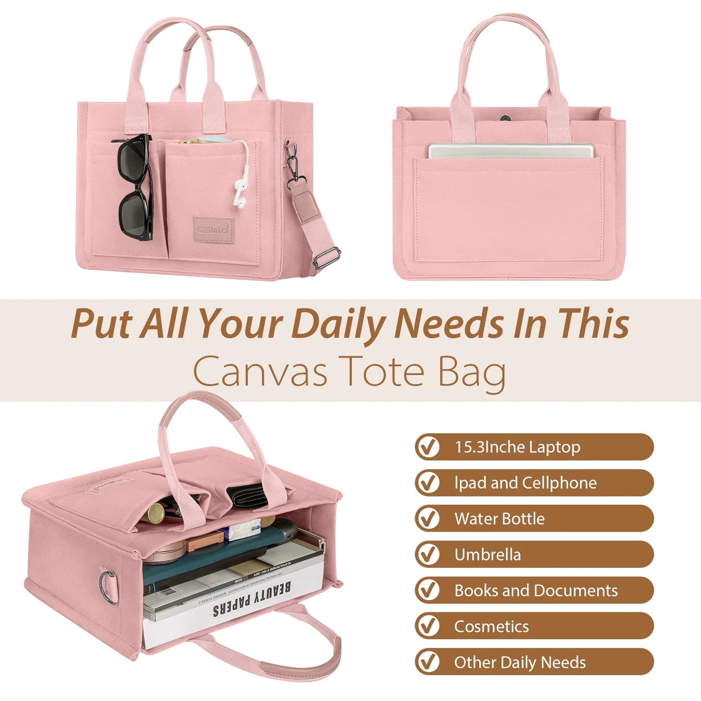 Canvas Tote Bag for Women with Pockets, Laptop Work Crossbody Everyday Satchel, Purses Everything Shoulder Tote Bag Everyday Satchel Handbags Messenger Gym Totes, Pink