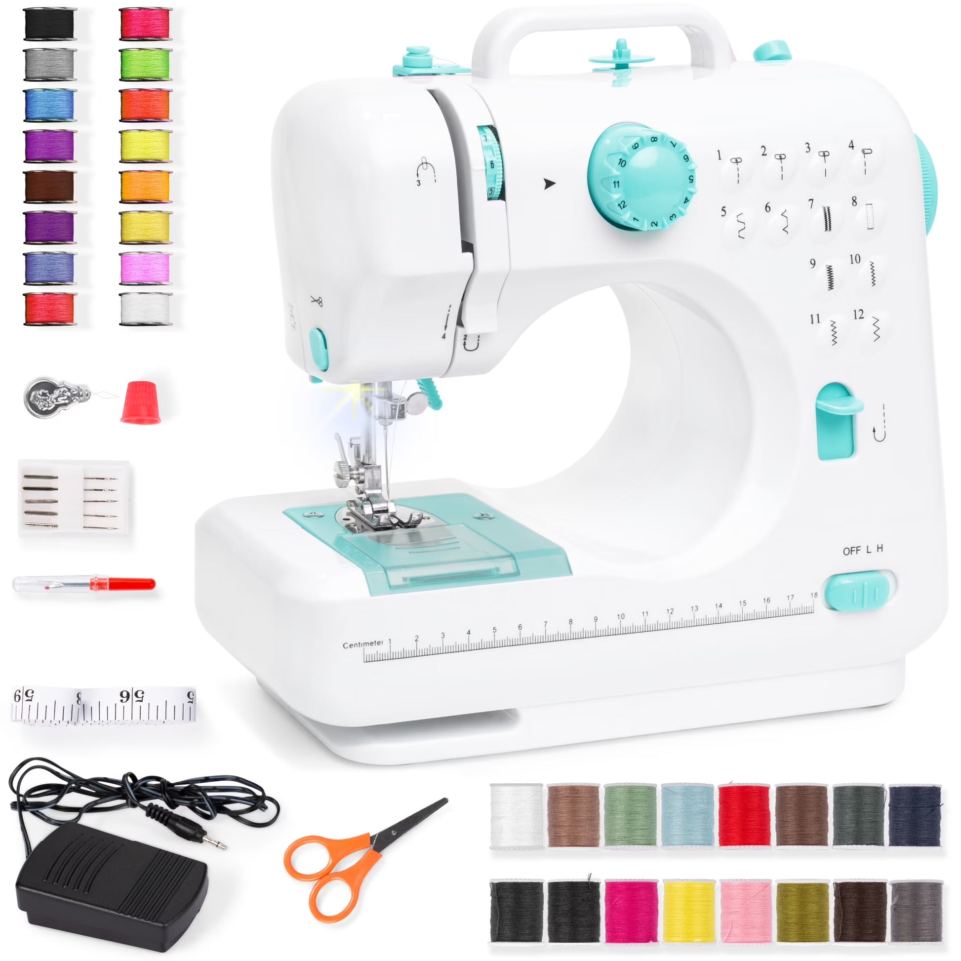 6V Portable Sewing Machine, 42-Piece Beginners Kit W/ 12 Stitch Patterns - Teal/White