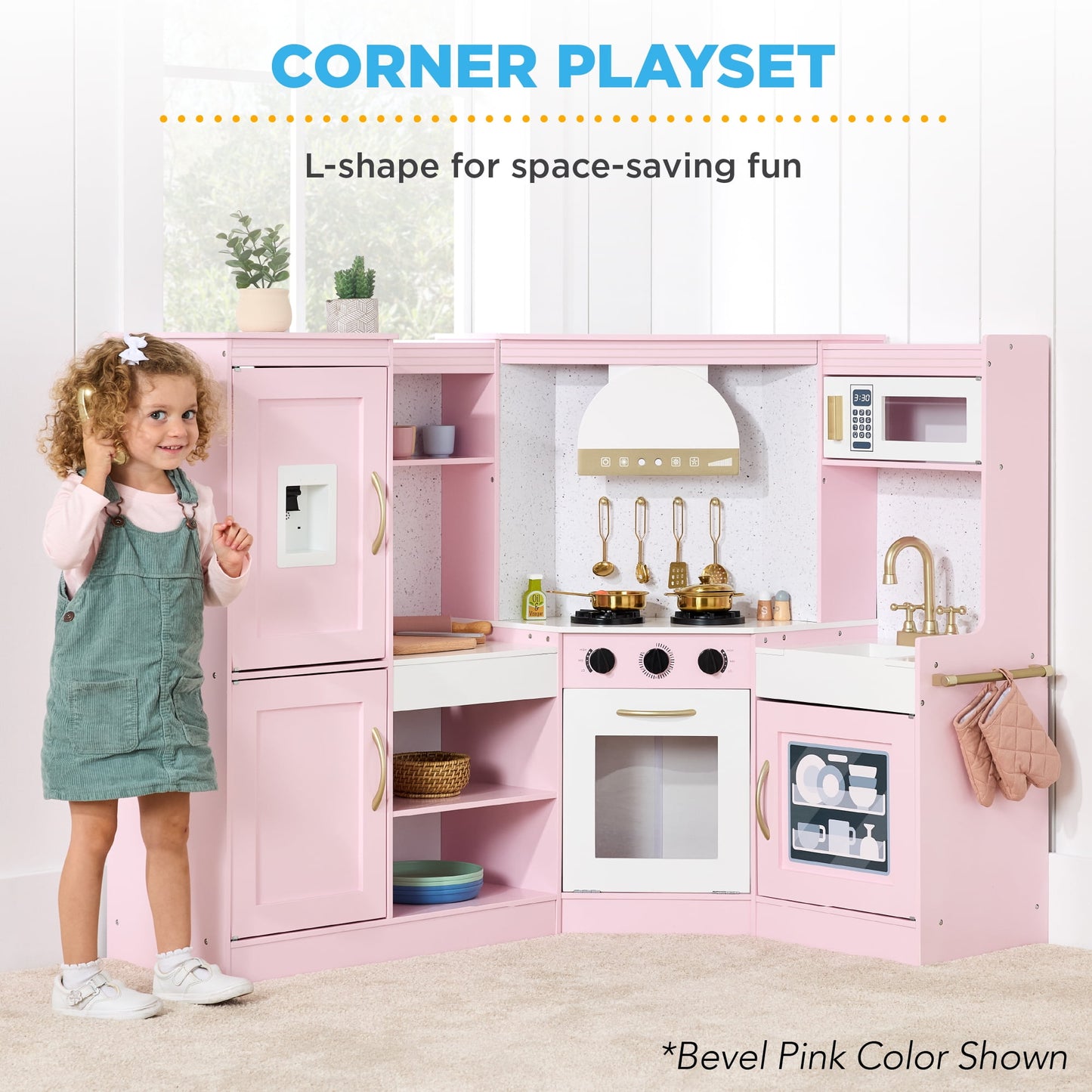 Pretend Play Corner Kitchen, Interactive Wooden Kids Set W/ Lights & Sounds - White