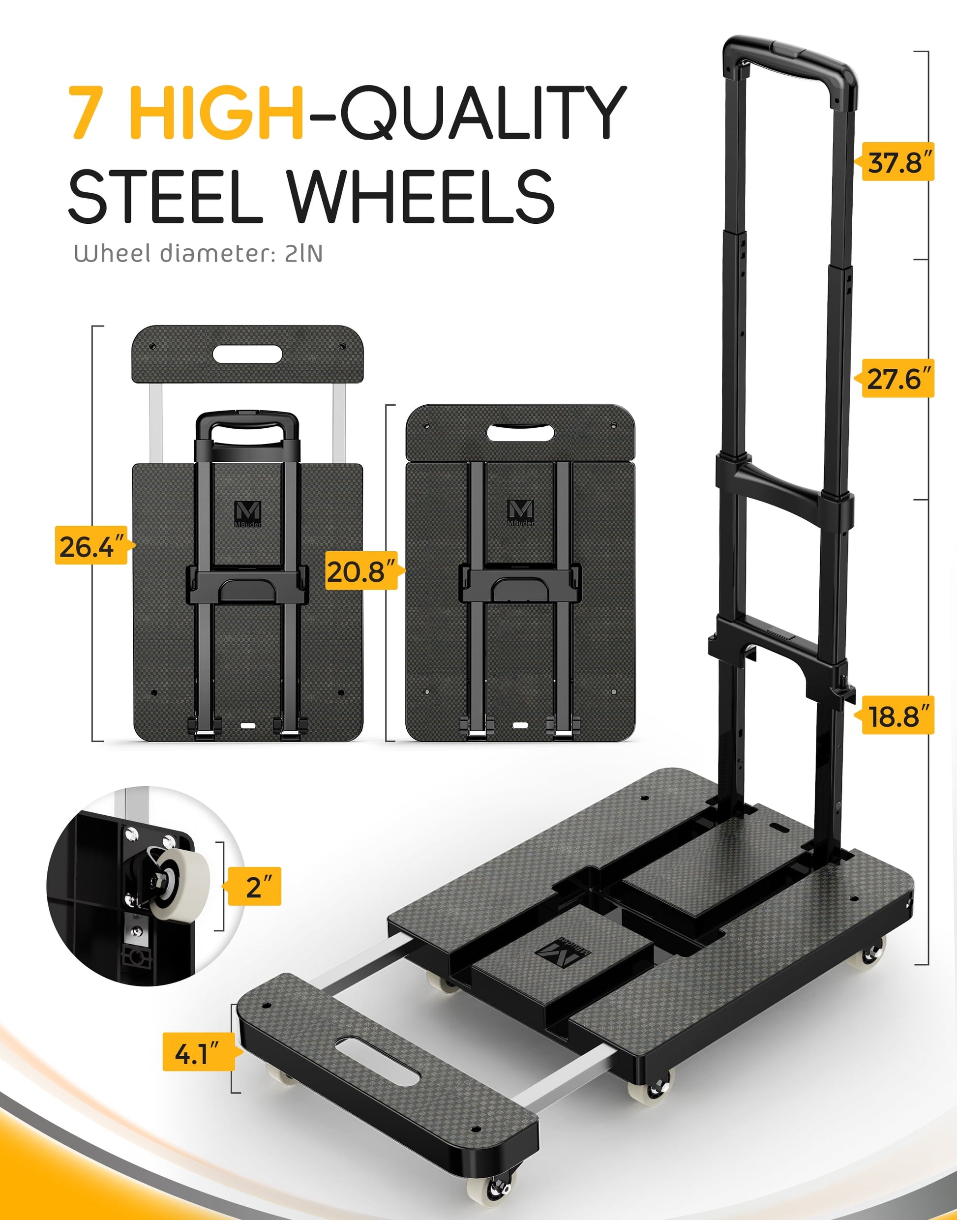 Folding Hand Truck, 500 LBS Heavy Duty Dolly Cart, Utility Platform Cart with 6 Wheels for Travel, House, Office, Shopping, Moving Use - Black Folded Size Is 11.8 X 17.7”