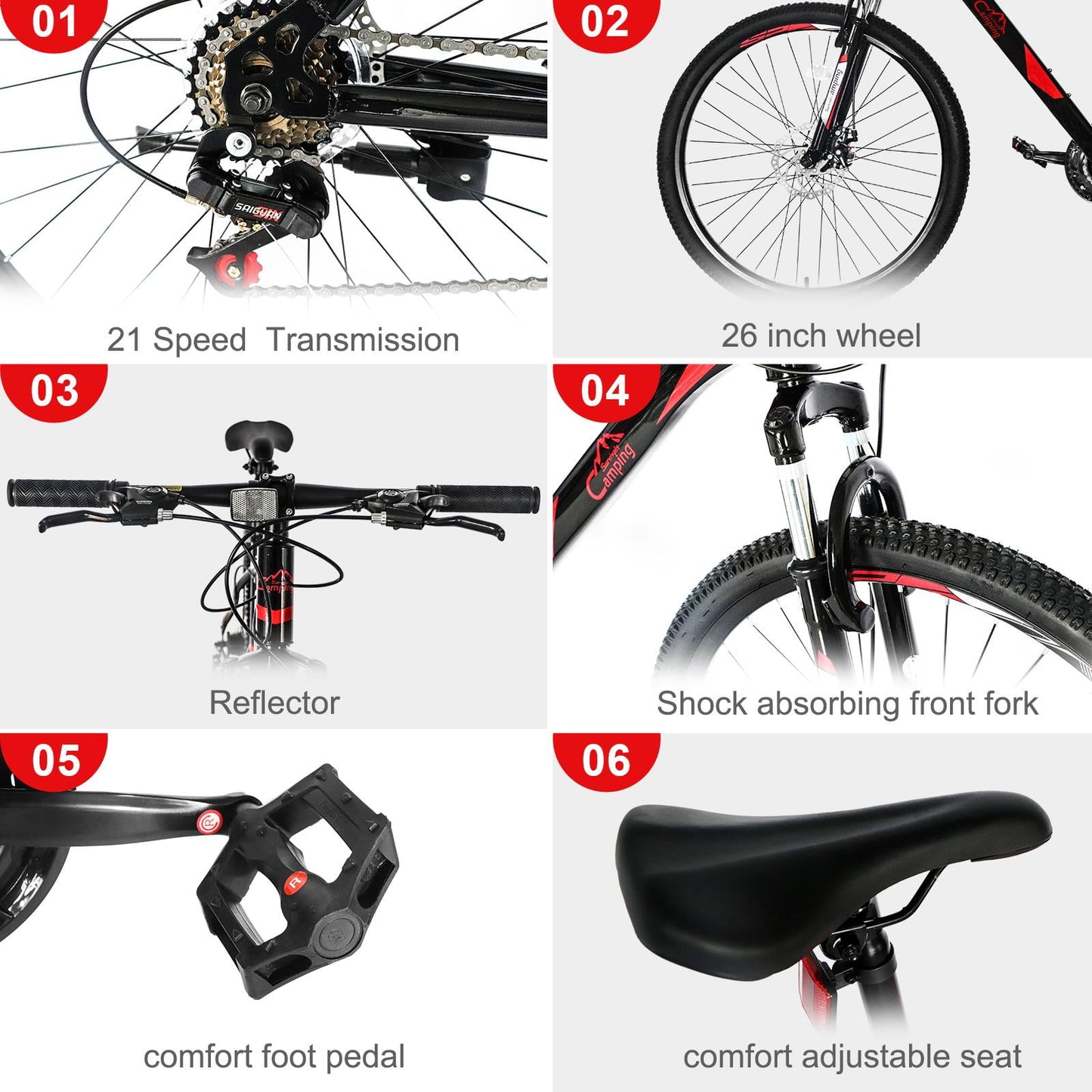 26" Lightweight Explorer Mountain Bike, 21-Speed for Men and Women Disc Brakes & Suspension, Red/Black
