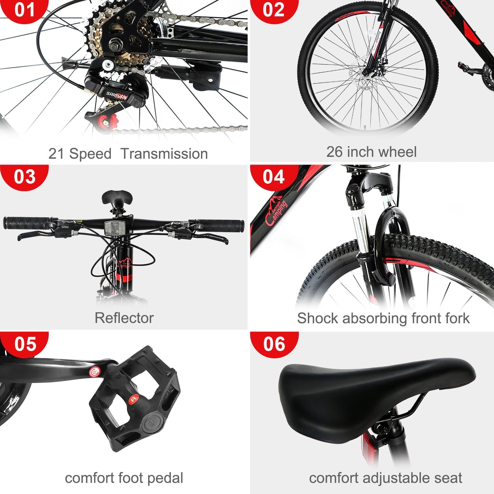 26" Lightweight Explorer Mountain Bike, 21-Speed for Men and Women Disc Brakes & Suspension, Red/Black