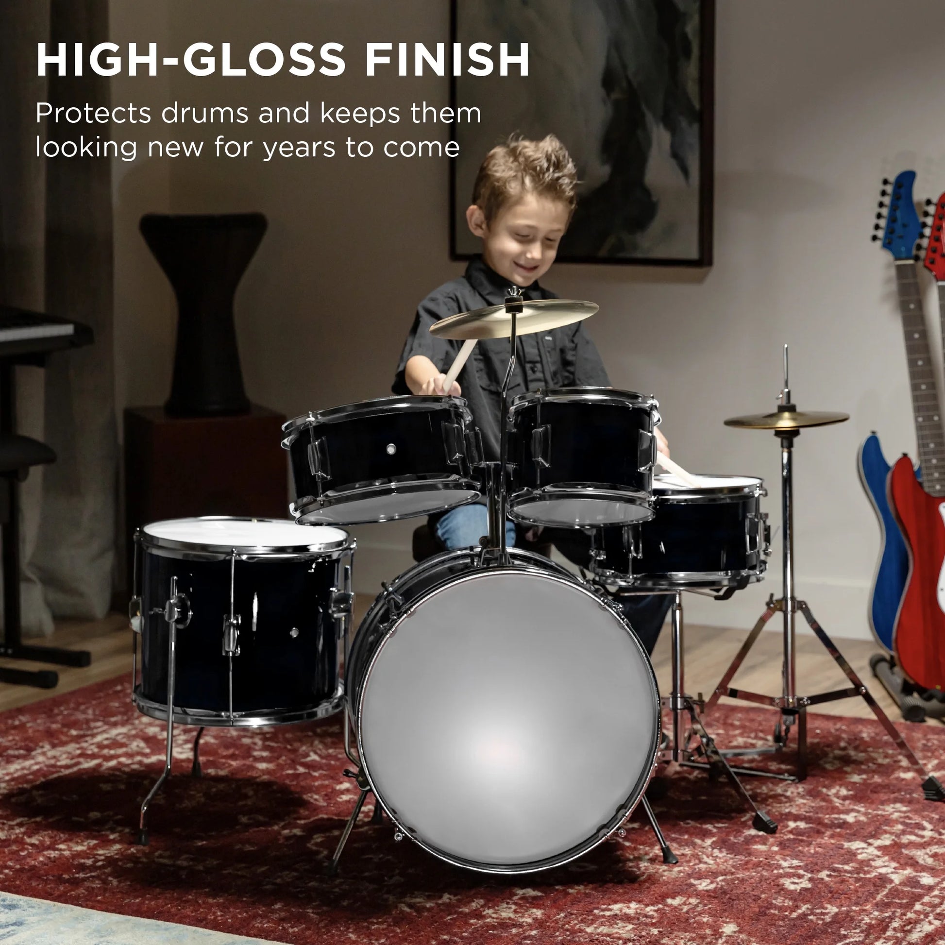 5-Piece Kids Beginner Junior Drum Set, Percussion Instrument Starter Kit W/ Stool - Black