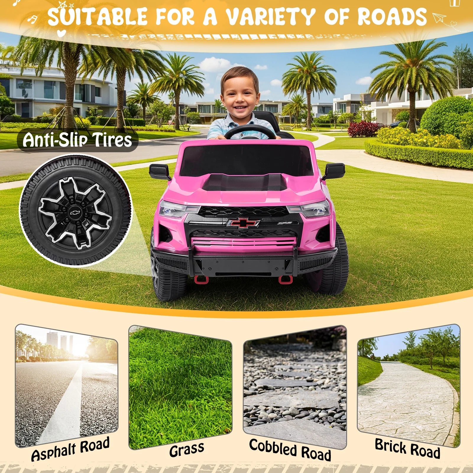 12V Licensed Chevrolet Colorado Electric Ride on Car Toy for Toddler Kid W/ Remote Control, LED Lights, Pink