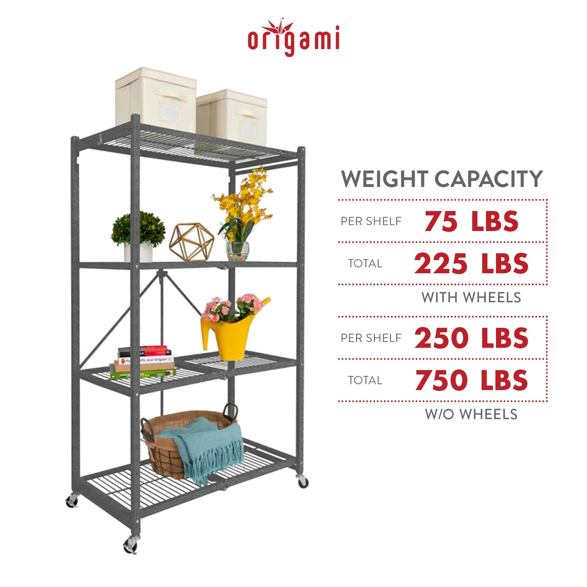 4-Shelf R5 Series Storage Rack with Wheels, Gray
