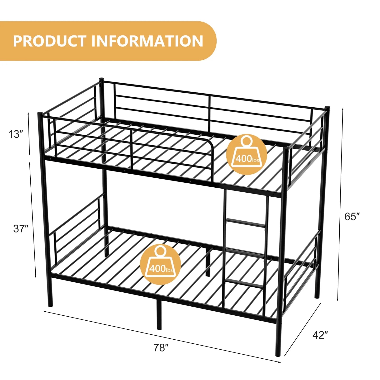 Twin over Twin Steel Bunk Beds Frame, 78" X 42" X 65" with Ladder Bedroom Dorm Room for Kids Adult Children