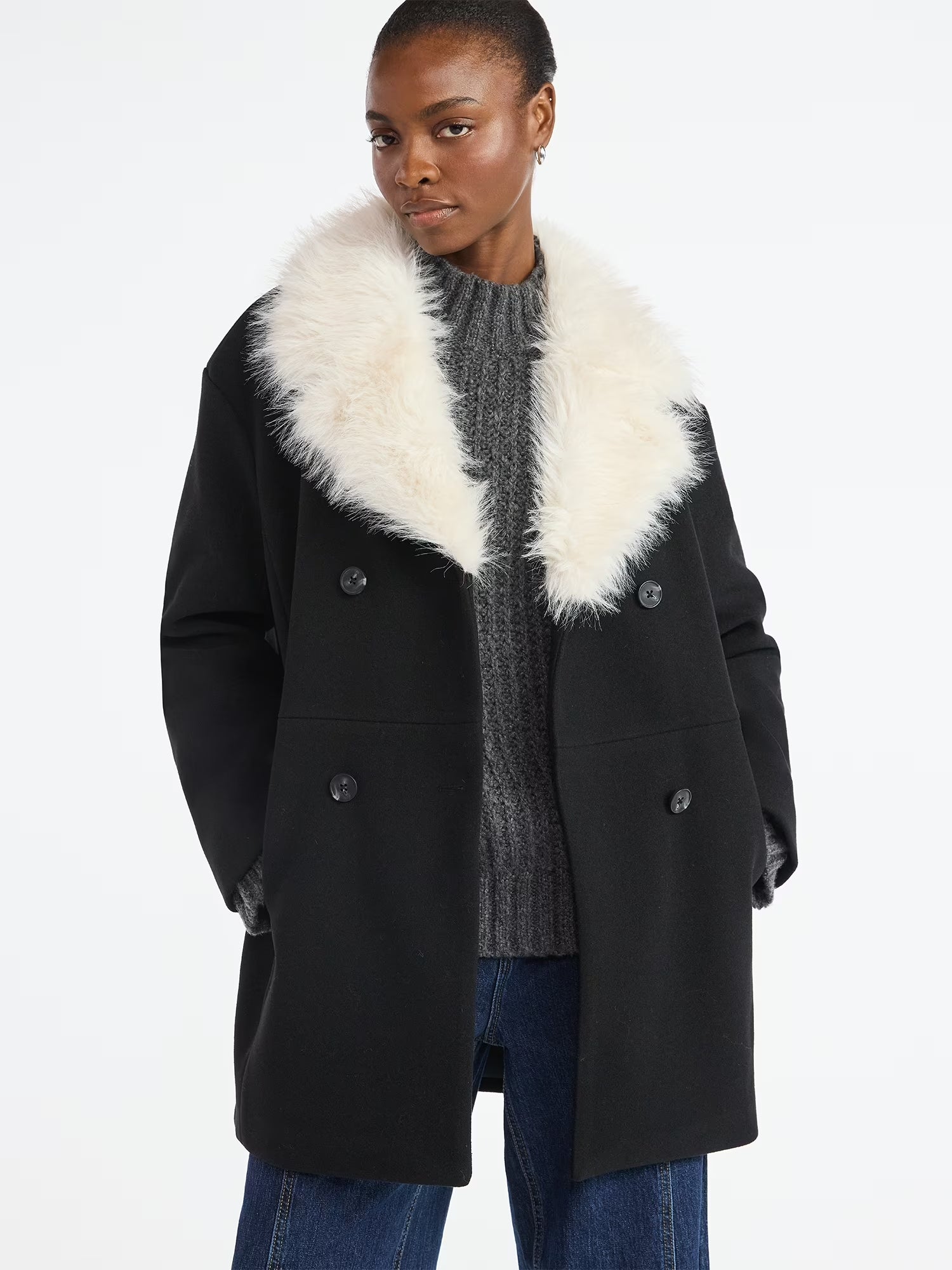 Women'S and Women'S plus Oversized Faux Fur Collar Coat, Heavyweight, Sizes XS-4X