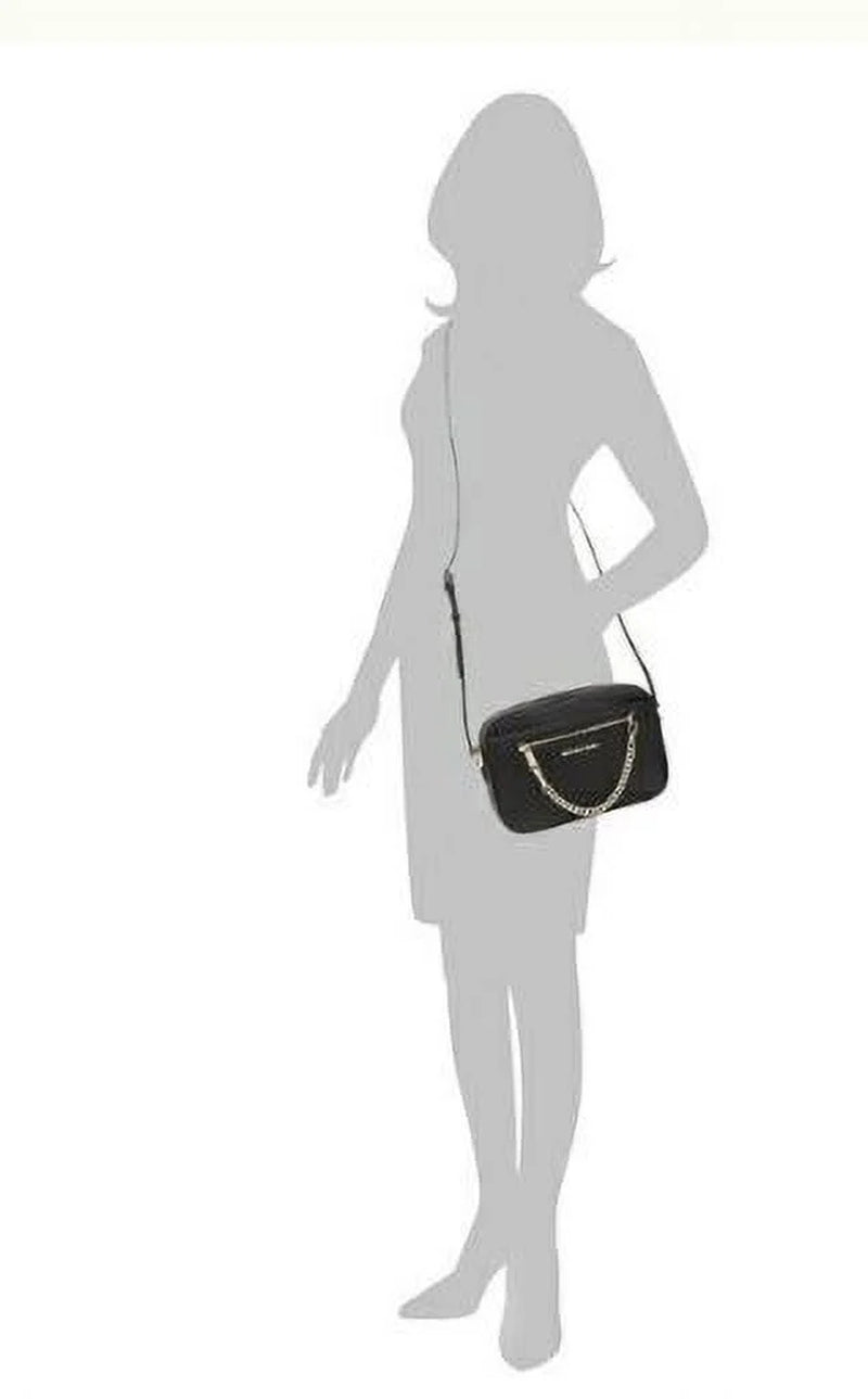 Women'S Adult Two inside Pockets Leather East West Chain Crossbody Bag, Black/Large