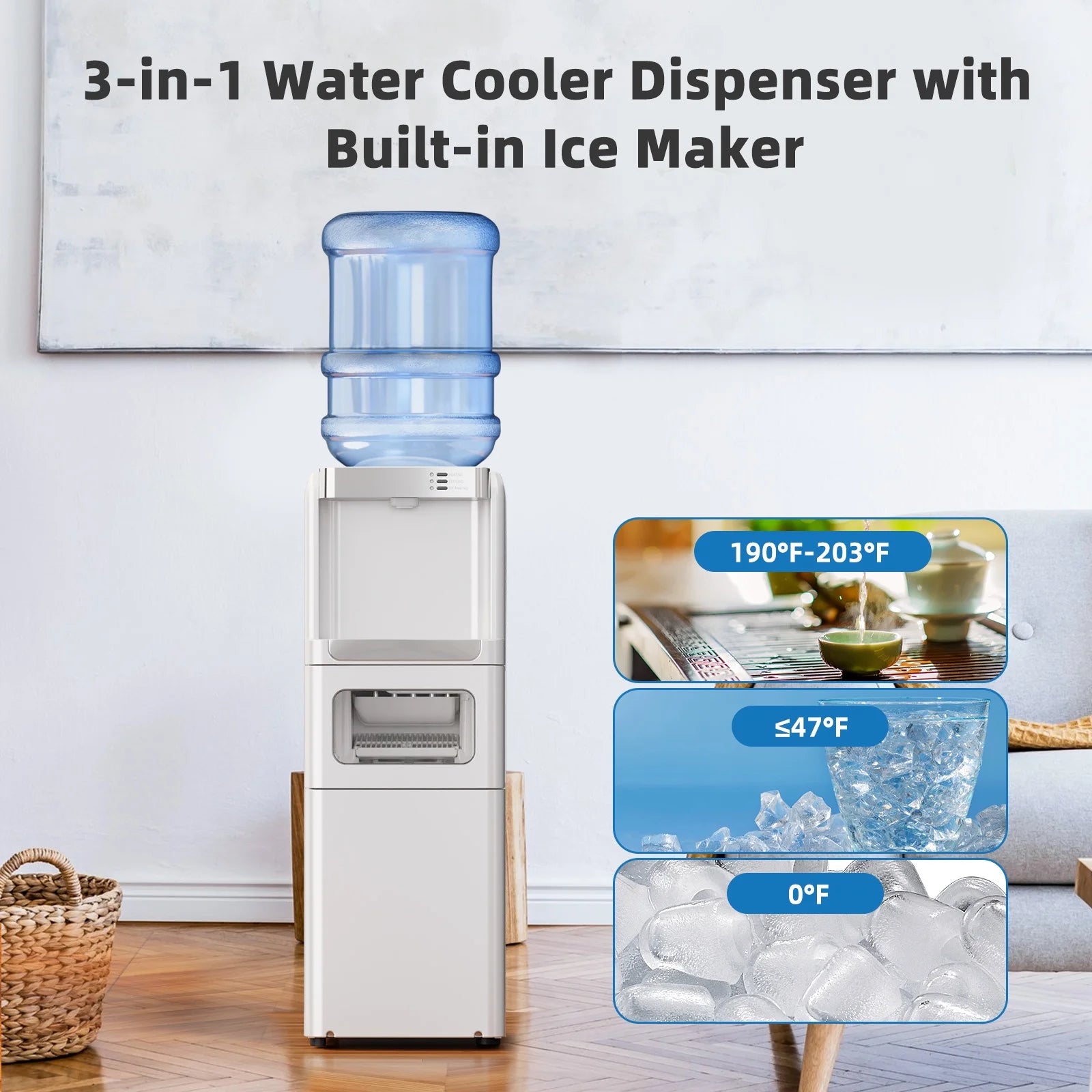 5 Gallon Water Dispenser with Ice Maker - 3-In-1 Hot/Cold Water Cooler, Touch Panel, Child Lock, Detachable Drip Tray, Compatible with 3 Gallon Jugs for Home & Office Use - White