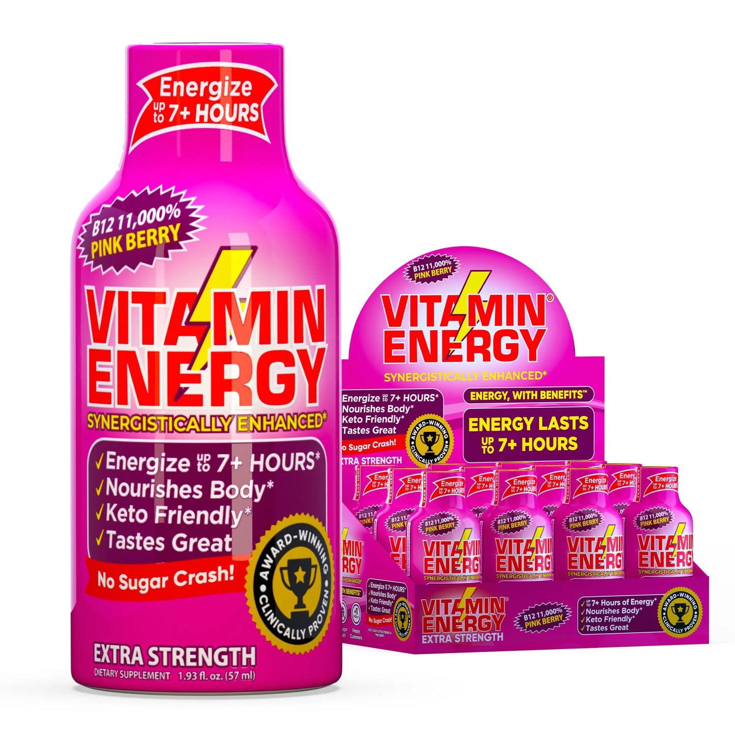 B12 Extra Strength Shot, Pink Berry, 12 Pack – 260Mg Natural Caffeine, 11,000% DV B12 & B6, Zero Sugar, 1.93 Fl Oz