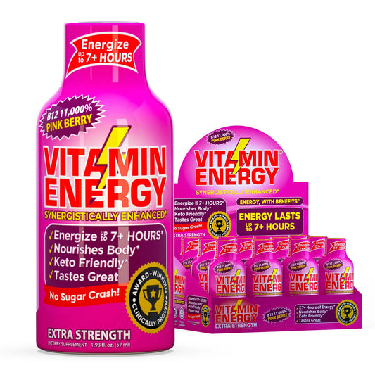 B12 Extra Strength Shot, Pink Berry, 12 Pack – 260Mg Natural Caffeine, 11,000% DV B12 & B6, Zero Sugar, 1.93 Fl Oz