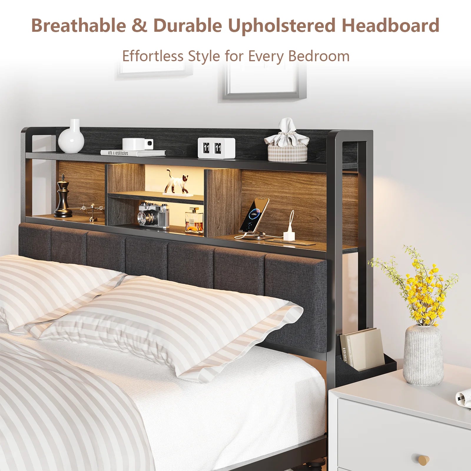 Full Size Bed Frame with 49.2" High LED Storage Headboard Shelf, Bed Metal Platform, Black