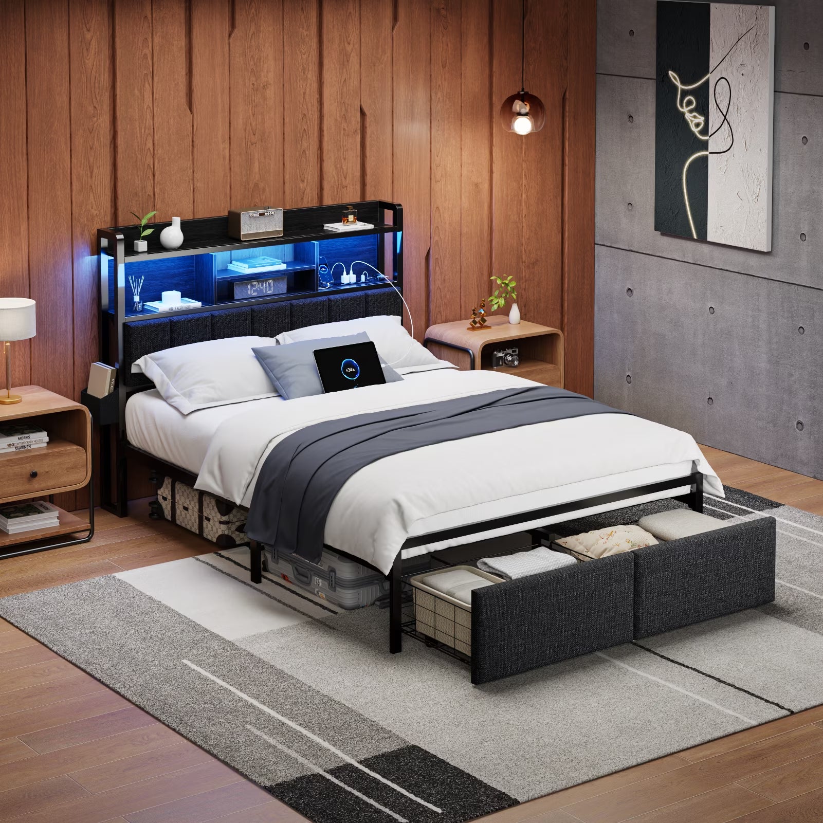 Full Size Bed Frame with 49.2" High LED Storage Headboard Shelf, Bed Metal Platform, Black