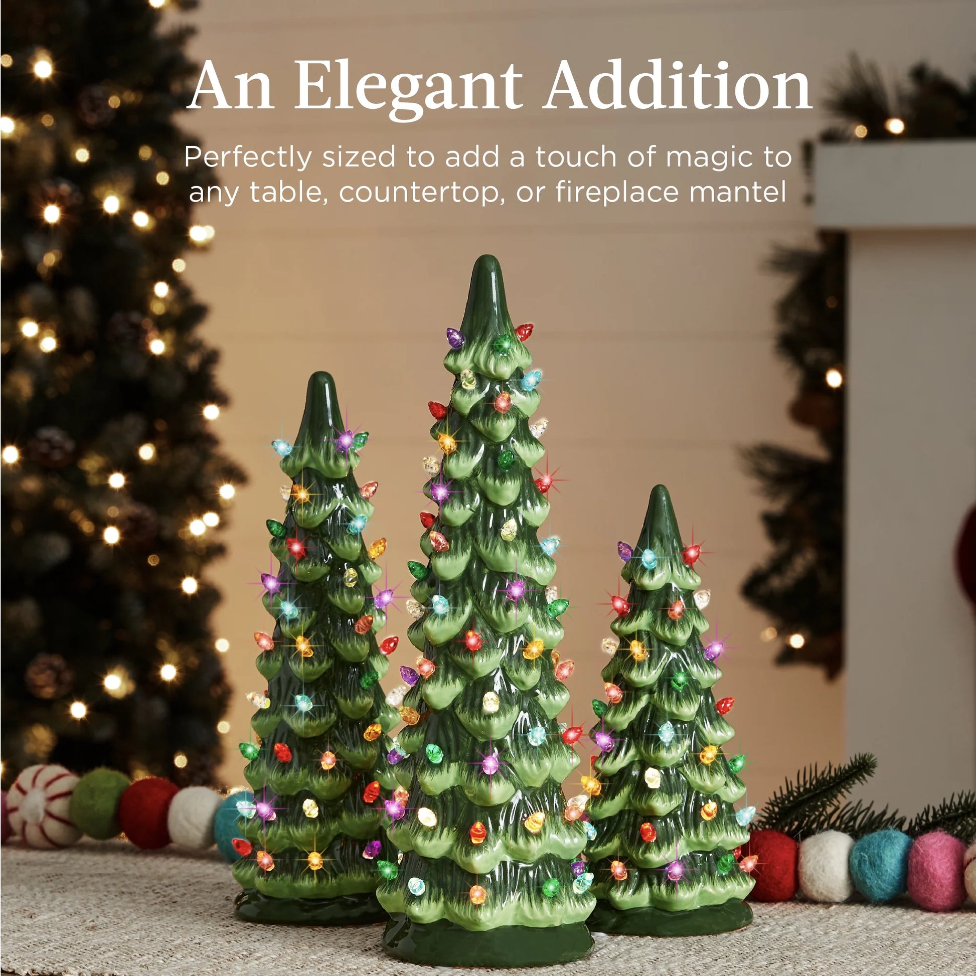 Set of 3 Pre-Lit Hand-Painted Ceramic Tabletop Christmas Trees W/ Multicolor Lights - Green