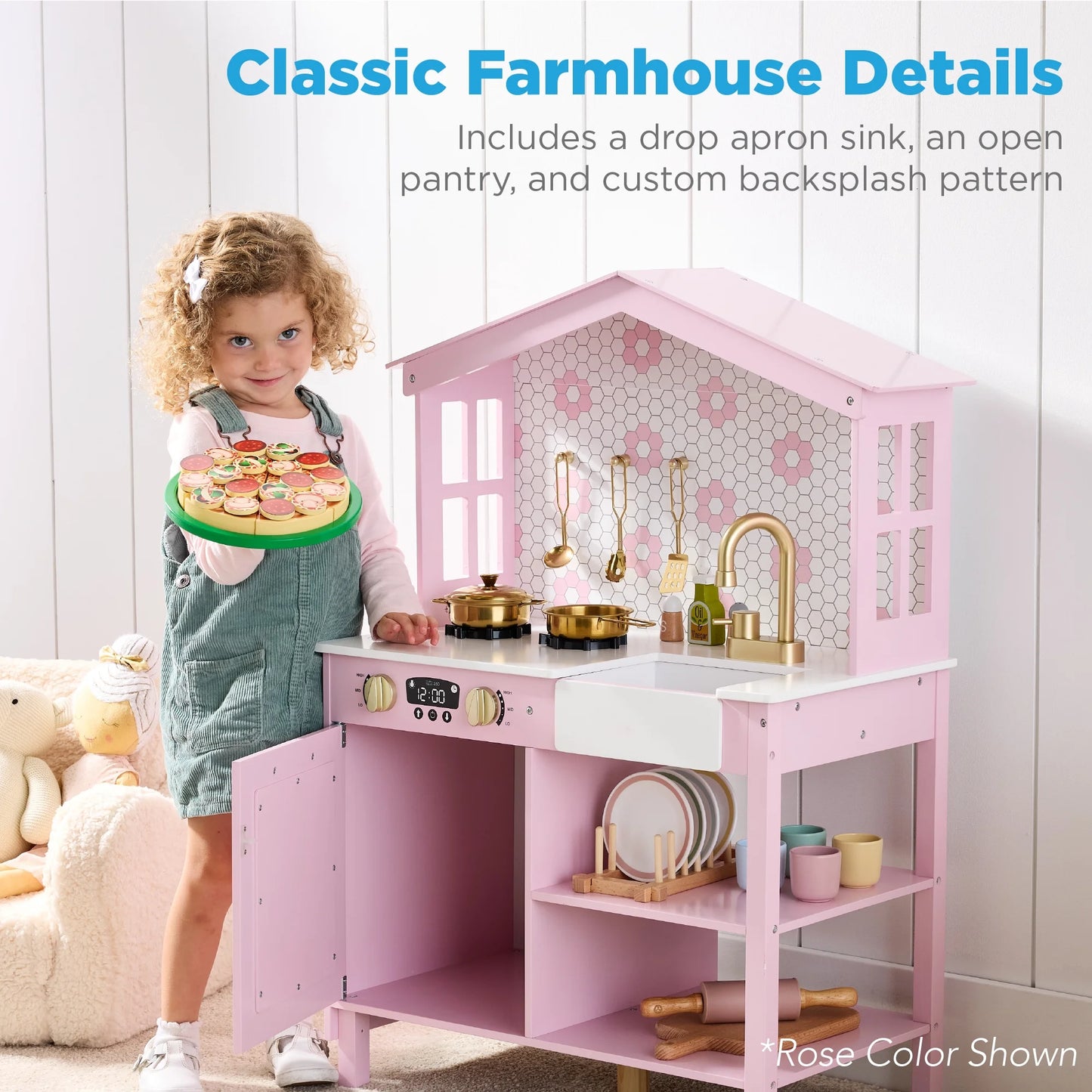 Pretend Play Wooden Farmhouse Kitchen Set W/ Storage, Clicking Knobs, 5 Accessories - Cream