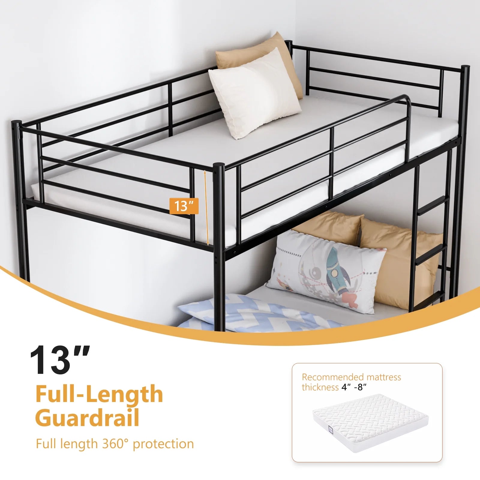 Twin over Twin Steel Bunk Beds Frame, 78" X 42" X 65" with Ladder Bedroom Dorm Room for Kids Adult Children