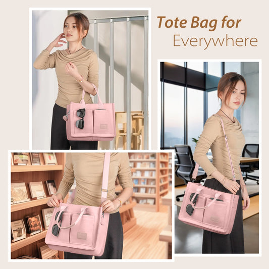 Canvas Tote Bag for Women with Pockets, Laptop Work Crossbody Everyday Satchel, Purses Everything Shoulder Tote Bag Everyday Satchel Handbags Messenger Gym Totes, Pink