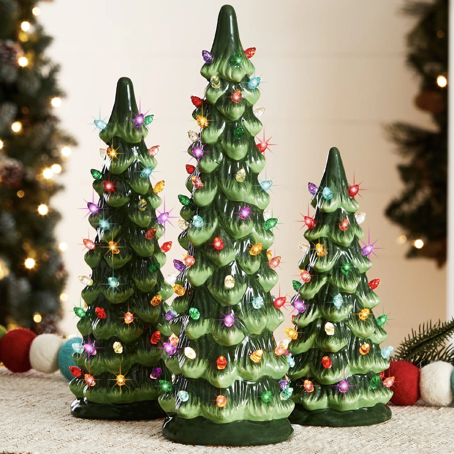 Set of 3 Pre-Lit Hand-Painted Ceramic Tabletop Christmas Trees W/ Multicolor Lights - Green