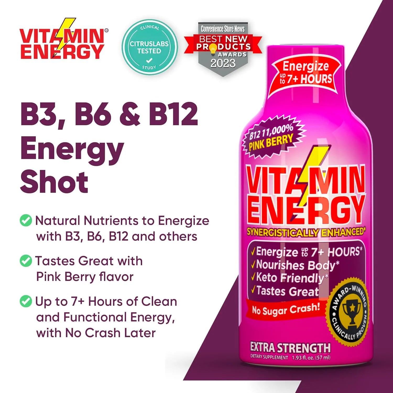 B12 Extra Strength Shot, Pink Berry, 12 Pack – 260Mg Natural Caffeine, 11,000% DV B12 & B6, Zero Sugar, 1.93 Fl Oz