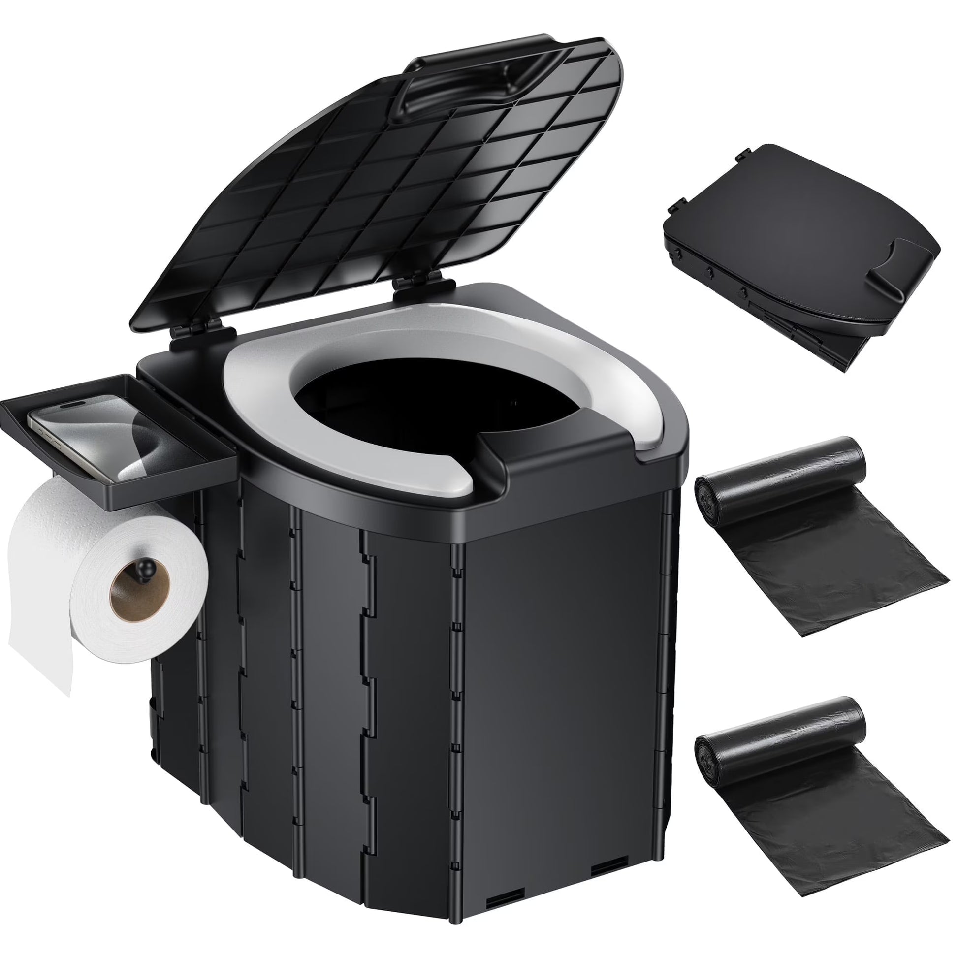 Portable Toilet with Pu Cushion Soft Pad Tissue Holder Folding Outdoor Toilet Suitable for Camping, Beach, Hiking, and Car Use