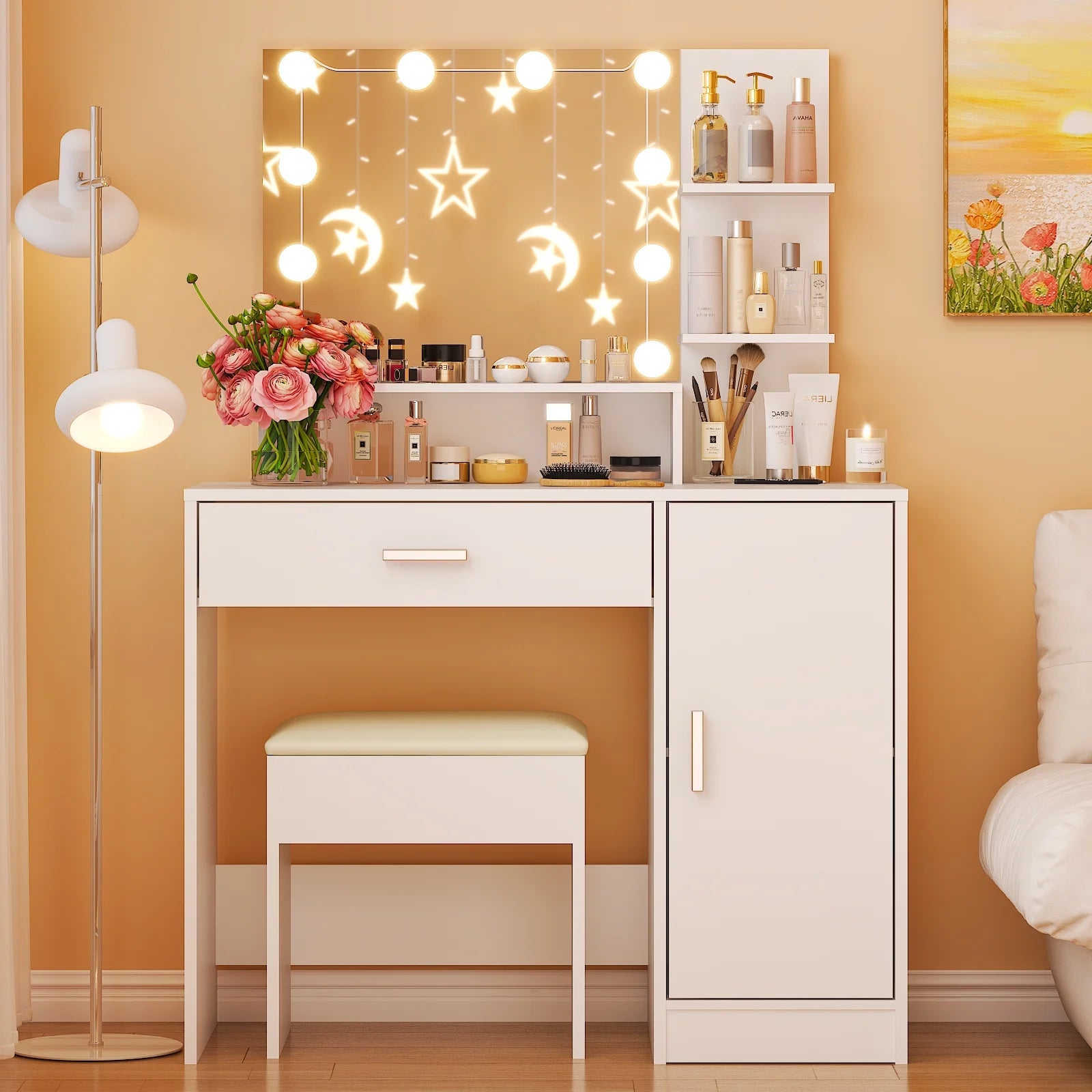 Vanity Set with 3 Color Lighted Mirror, Makeup Table with 3 Storage Shelves & Drawers, Dressing Table Makeup Desk with Stool,White