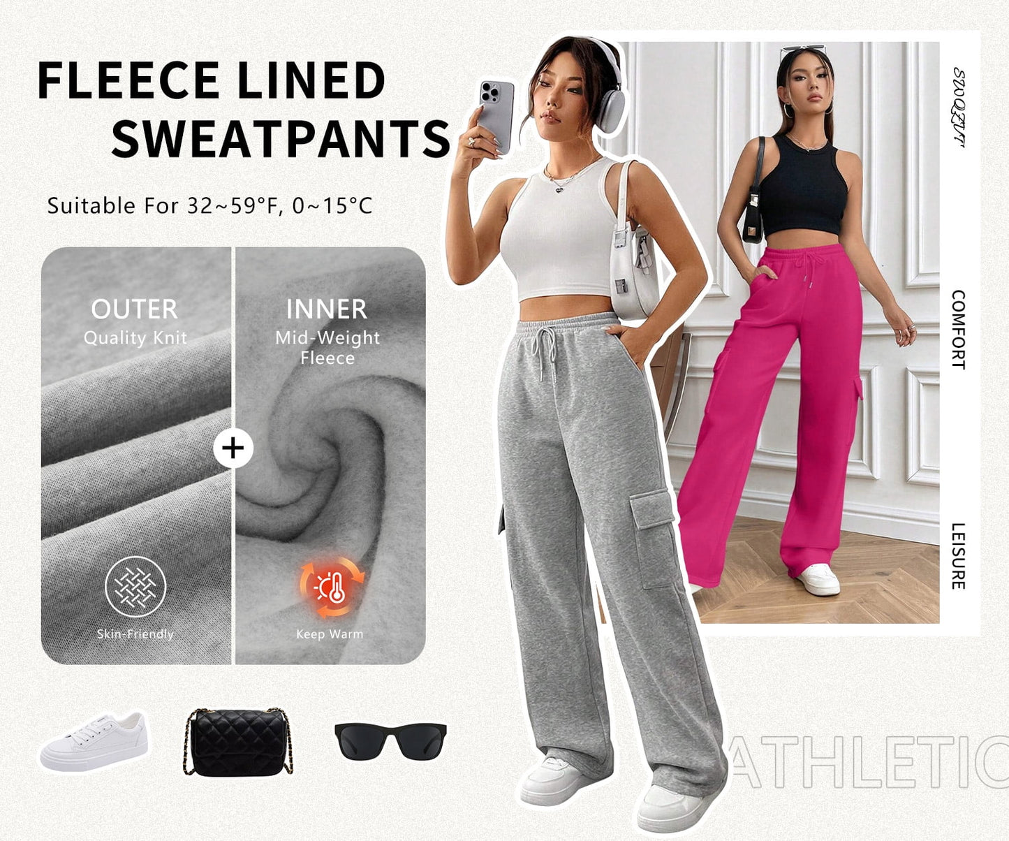 Womens Cargo Sweatpants Baggy Fleece High Waisted Joggers Sweat Pants Athletic Pants with Pockets