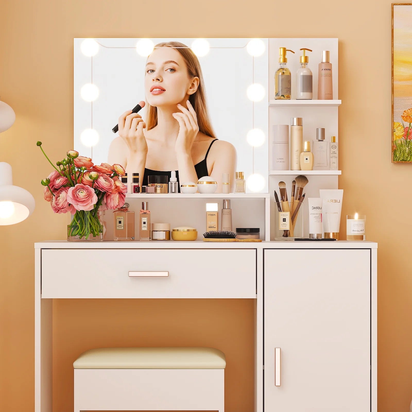 Vanity Set with 3 Color Lighted Mirror, Makeup Table with 3 Storage Shelves & Drawers, Dressing Table Makeup Desk with Stool,White