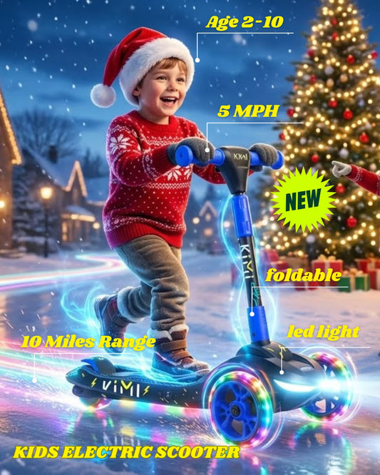 Foldable 3-Wheel Electric Scooter for Kids, Adjustable, Age 2-9, 5Mph, Lights, 10 Miles Range, Charger Included