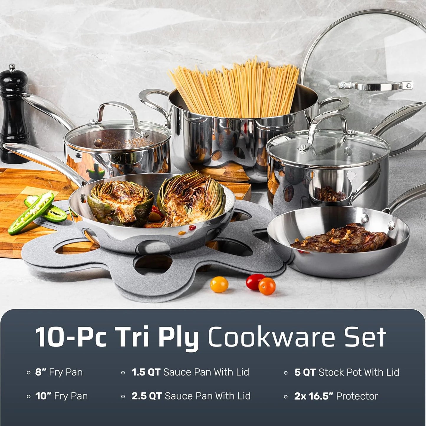 10 Pcs Stainless Steel Cookware Set, Pots and Pans Set Non Stick with Induction Cookware, Made without Forever Chemicals, Metal Utensil Safe, Oven and Dishwasher Safe