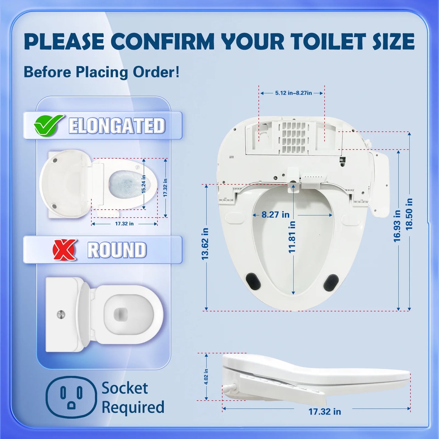 Ecofilck Electric Smart Toilet Seat, Instant Heating & Warm Air Dryer, Adjustable Water Temp ＆ Pressure, Nozzle Self-Clean, Feminine Wash, Slow-Close Lid, Night Light, Enlogated