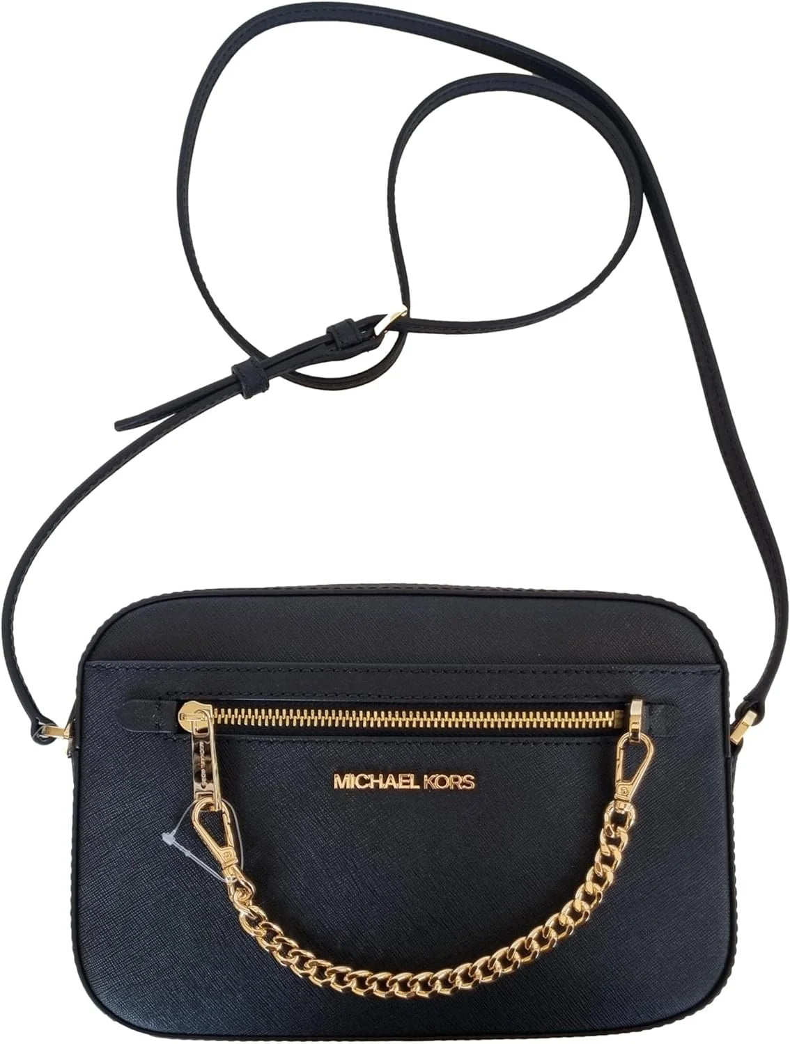 Women'S Adult Two inside Pockets Leather East West Chain Crossbody Bag, Black/Large