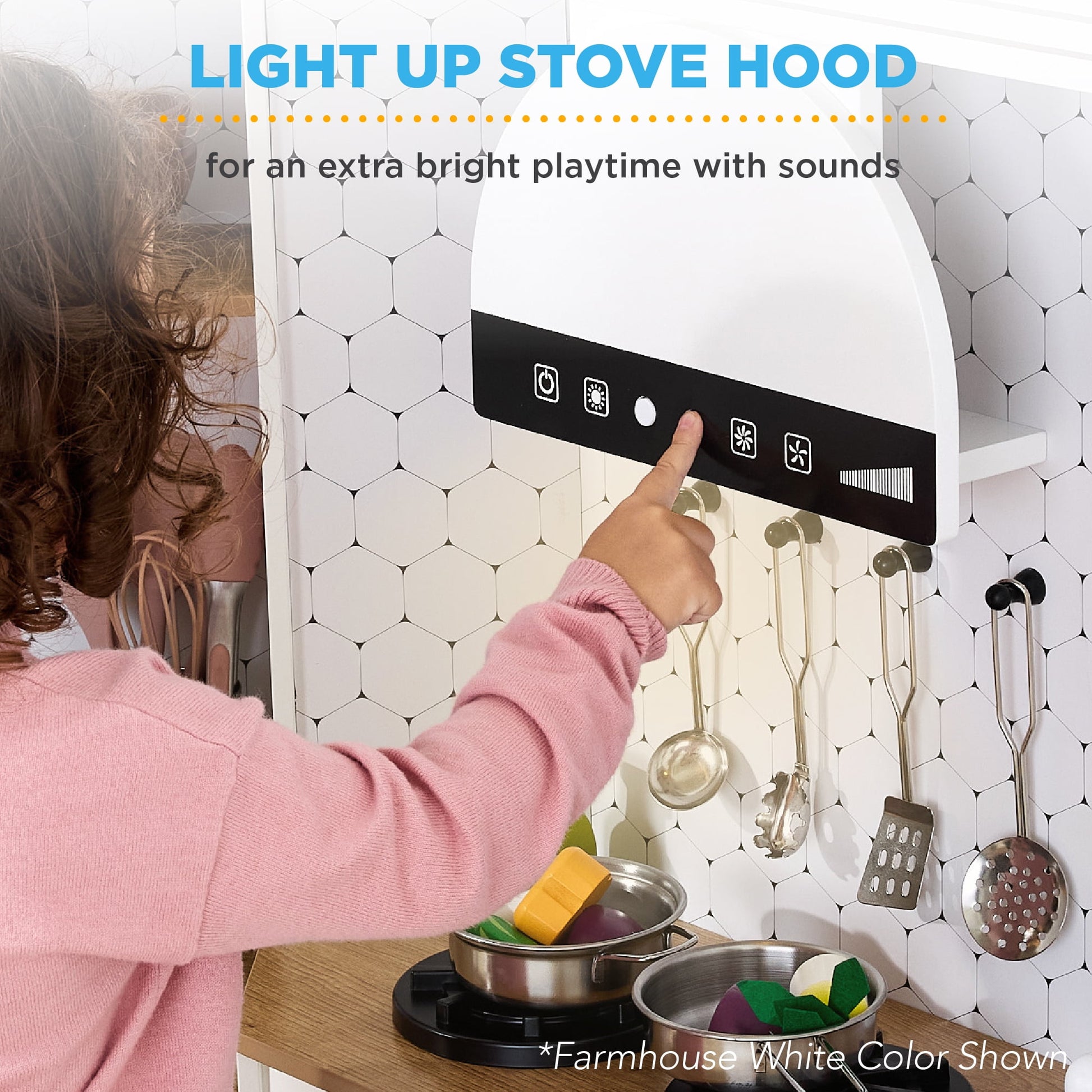 Pretend Play Corner Kitchen, Interactive Wooden Kids Set W/ Lights & Sounds - White