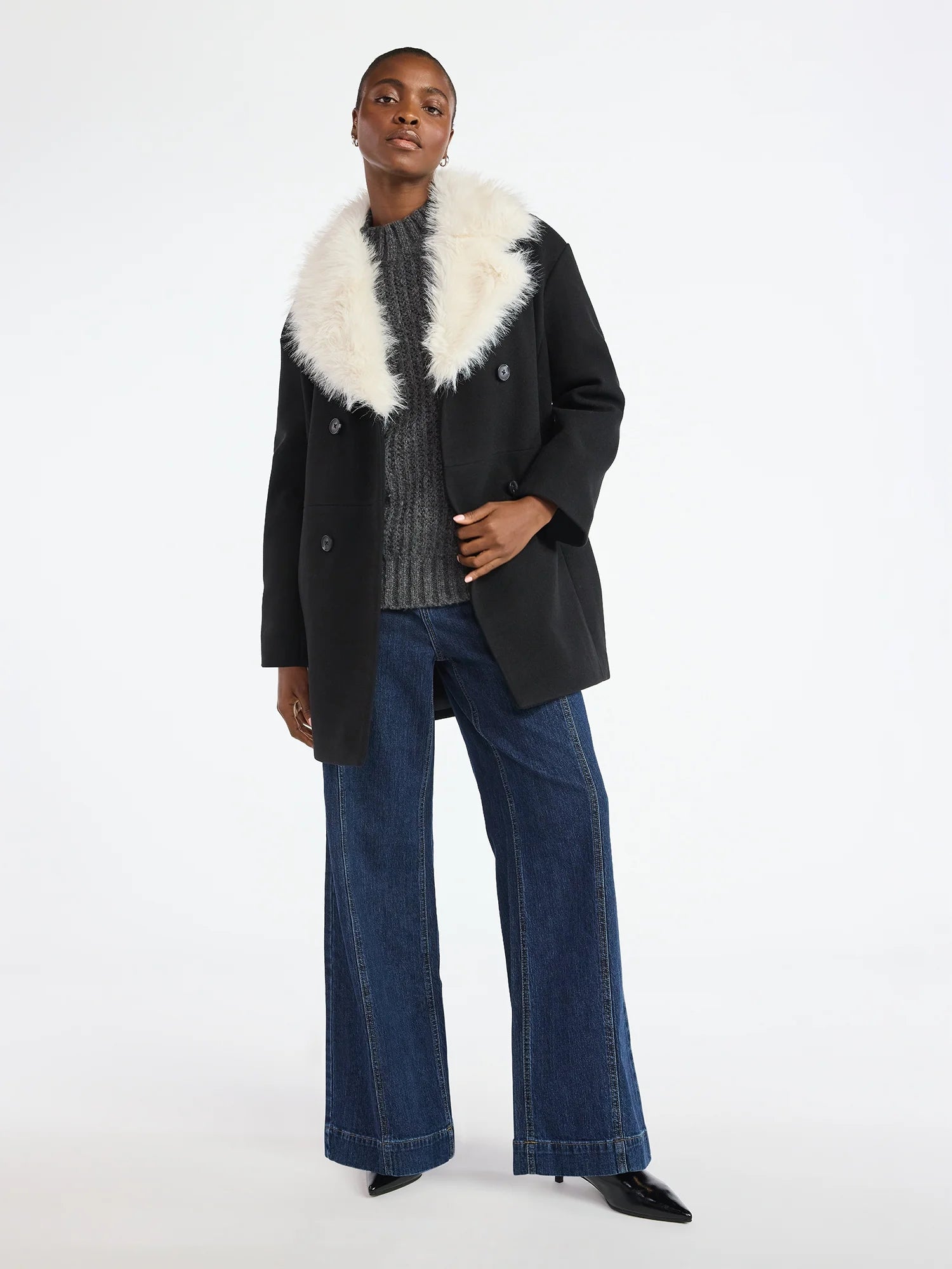 Women'S and Women'S plus Oversized Faux Fur Collar Coat, Heavyweight, Sizes XS-4X
