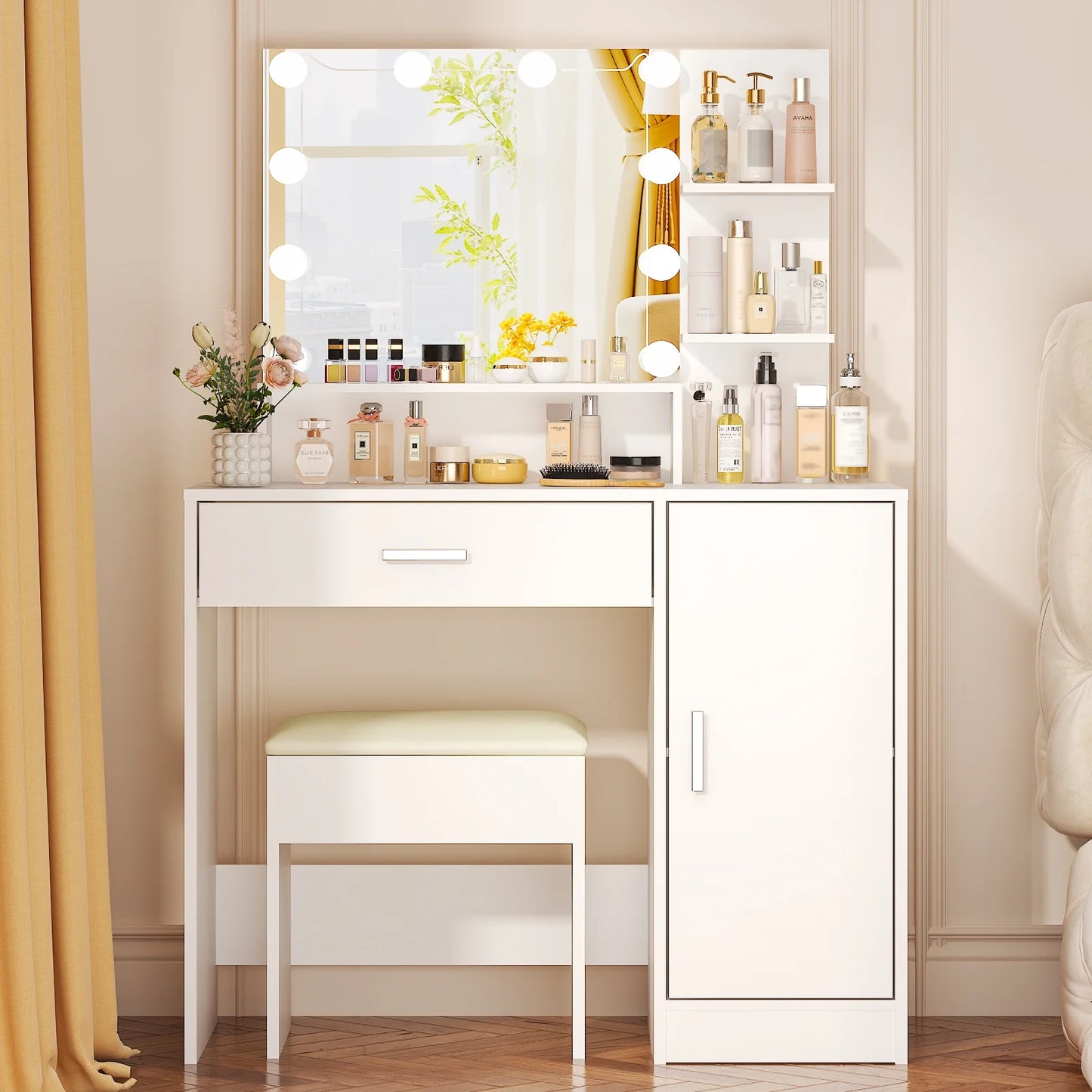 Vanity Set with 3 Color Lighted Mirror, Makeup Table with 3 Storage Shelves & Drawers, Dressing Table Makeup Desk with Stool,White