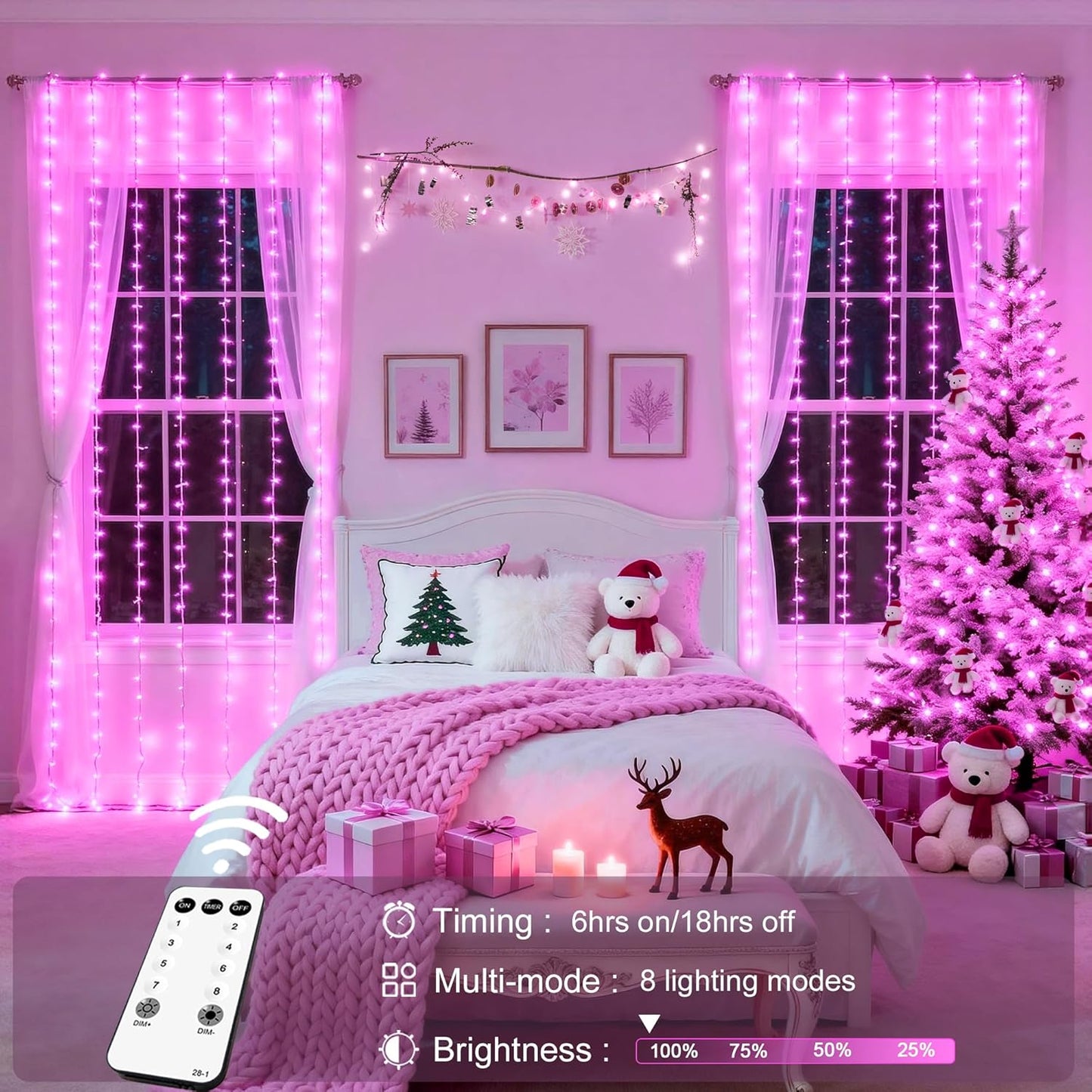 300 LED Curtain Lights Plug in with Remote, 9.8X9.8Ft Pink Valentine Lights Lights Indoor, 8 Modes Pink Christmas String Lights for Bedroom Window Wall Party Proposal Valentine'S Day Decor