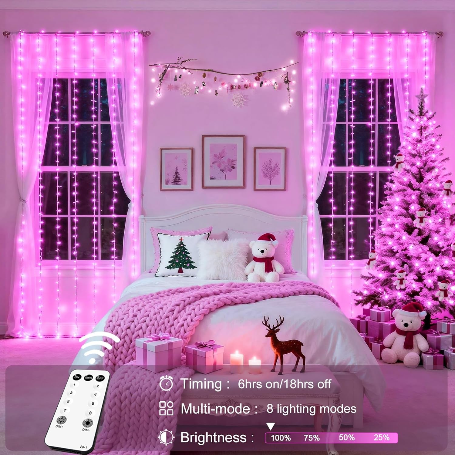 300 LED Curtain Lights Plug in with Remote, 9.8X9.8Ft Pink Valentine Lights Lights Indoor, 8 Modes Pink Christmas String Lights for Bedroom Window Wall Party Proposal Valentine'S Day Decor