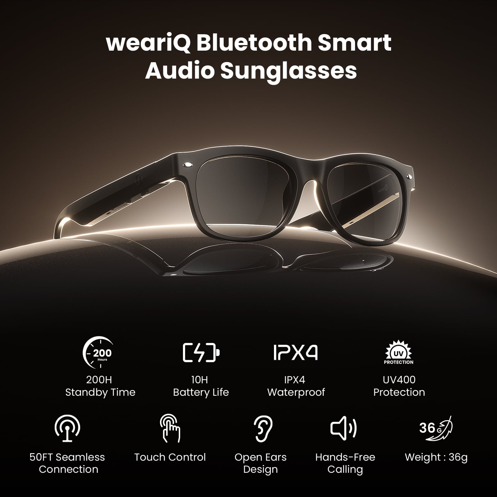 Weariq Bluetooth Smart Glasses – Matte Black Audio Sunglasses – Black Polarized Lenses, Open-Ear Speaker, 10-Hour Playtime, Hands-Free Calls, Voice Assistanthands-Free Calls & Music