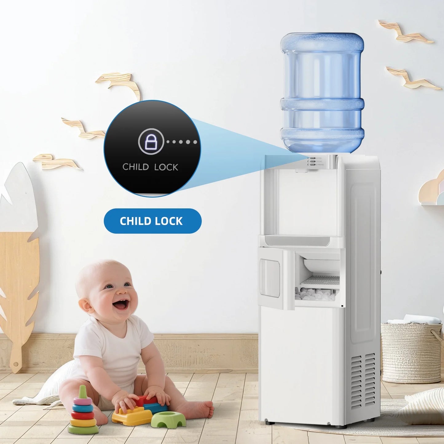5 Gallon Water Dispenser with Ice Maker - 3-In-1 Hot/Cold Water Cooler, Touch Panel, Child Lock, Detachable Drip Tray, Compatible with 3 Gallon Jugs for Home & Office Use - White